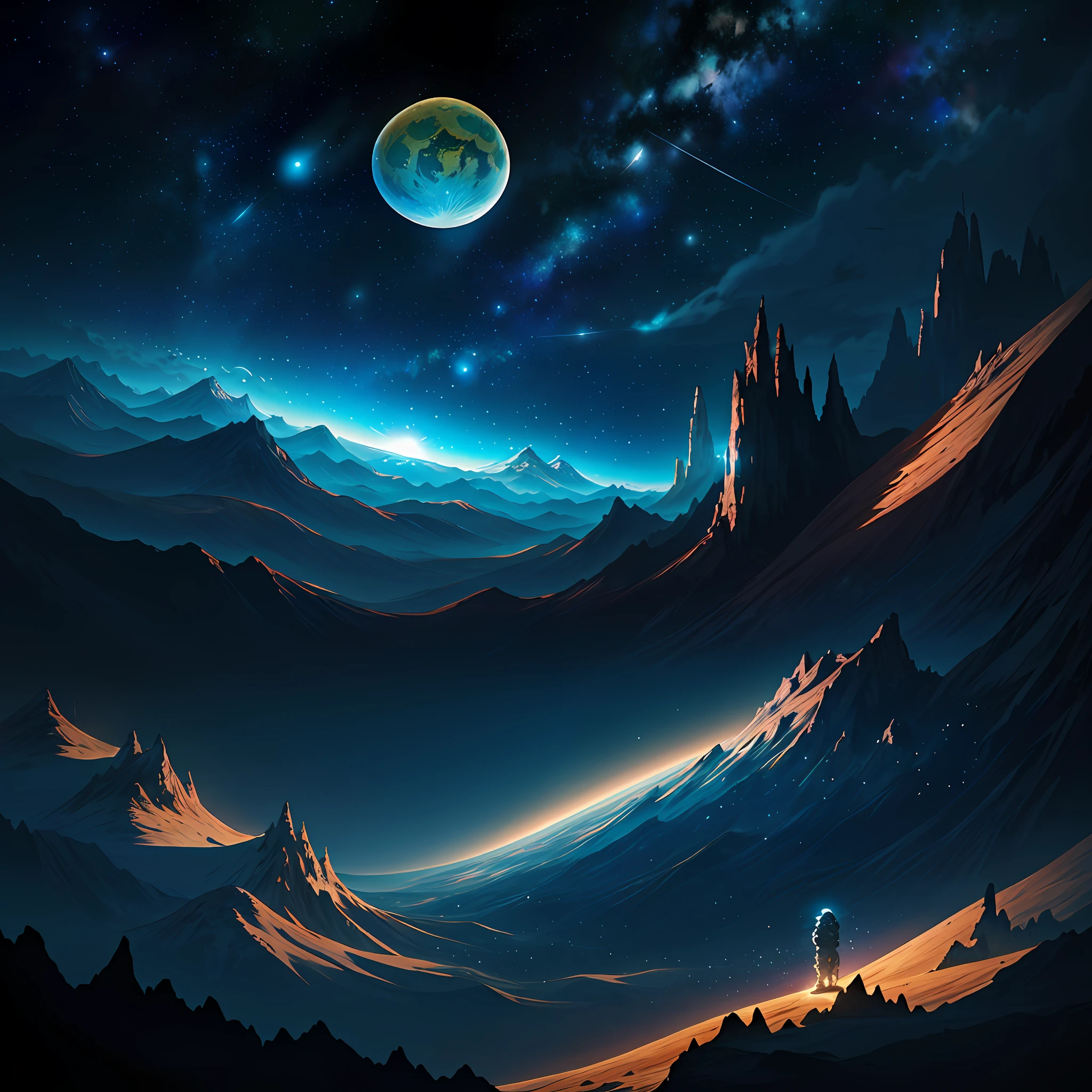 Uma paisagem lunar surreal, com crateras profundas, jagged mountains and astronauts exploring the surface as the Earth rises into the starry sky.