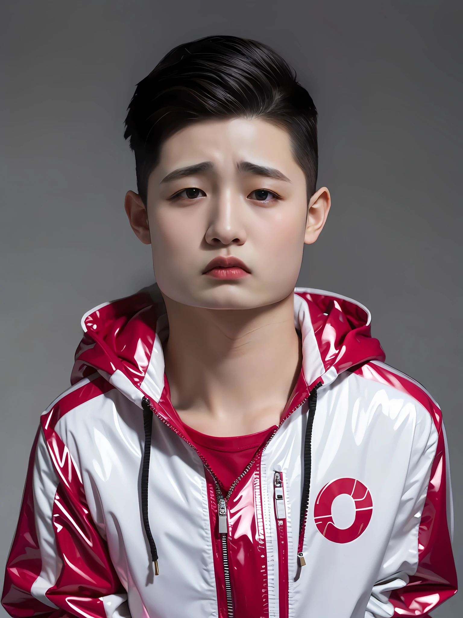A Chinese male high school student,Wear colorful PVC casual clothes