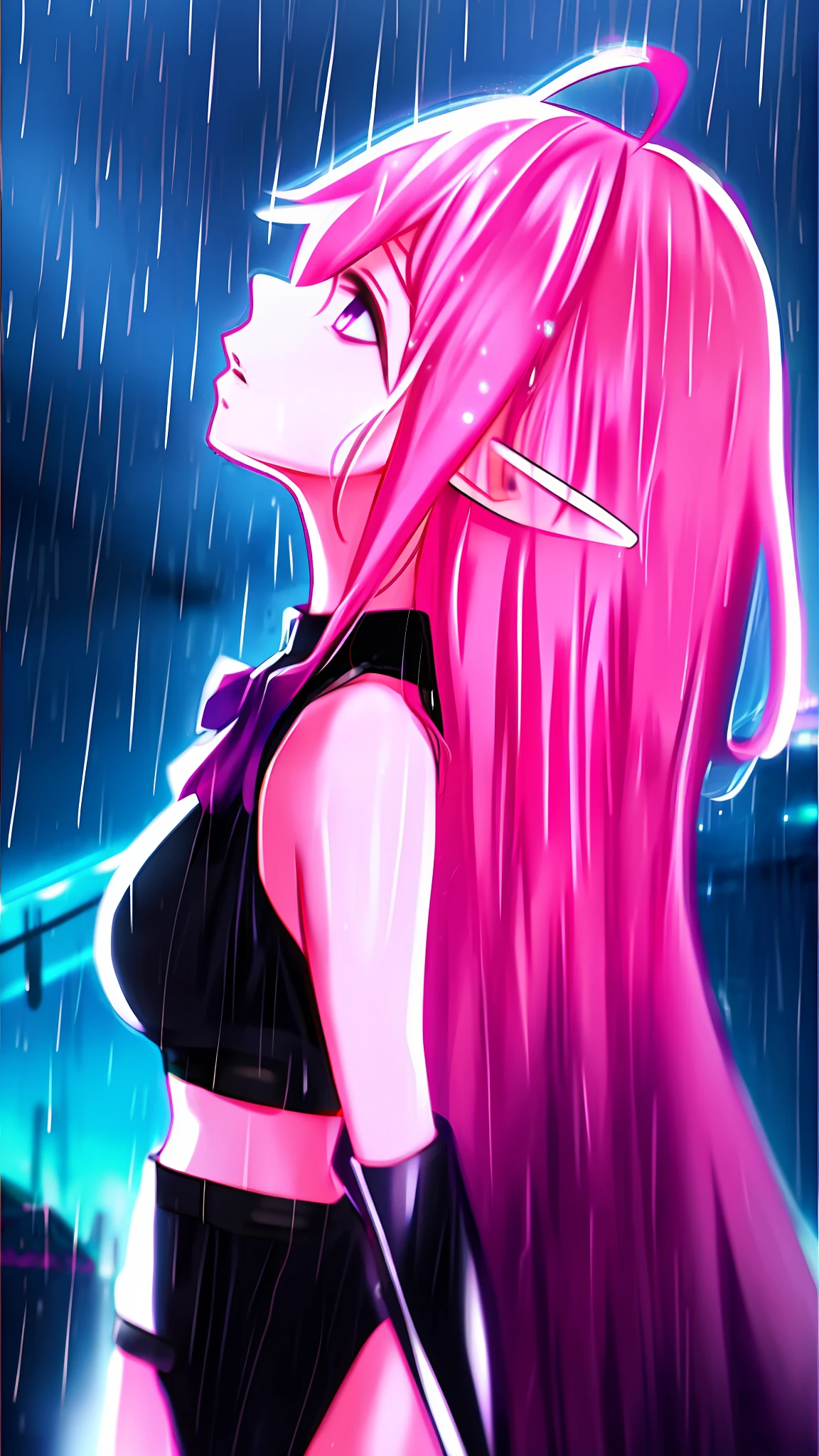 Keera, 1girl, pink hair, hair spread out, hair between eyes, very long hair, bowtie, parted lips, pointy ear, purple eyes, sleeves past wrists, black sleeves, black shorts, belt, detached sleeves, ahoge, heart necklace, navel, expressionless, blade runner 2049, (rain), ((pink neon lights)), (from side, looking up:1.2), blurry background, letterboxed, (glowing), pink lighting, bridge, movie reference, scenery, profile, wet, night