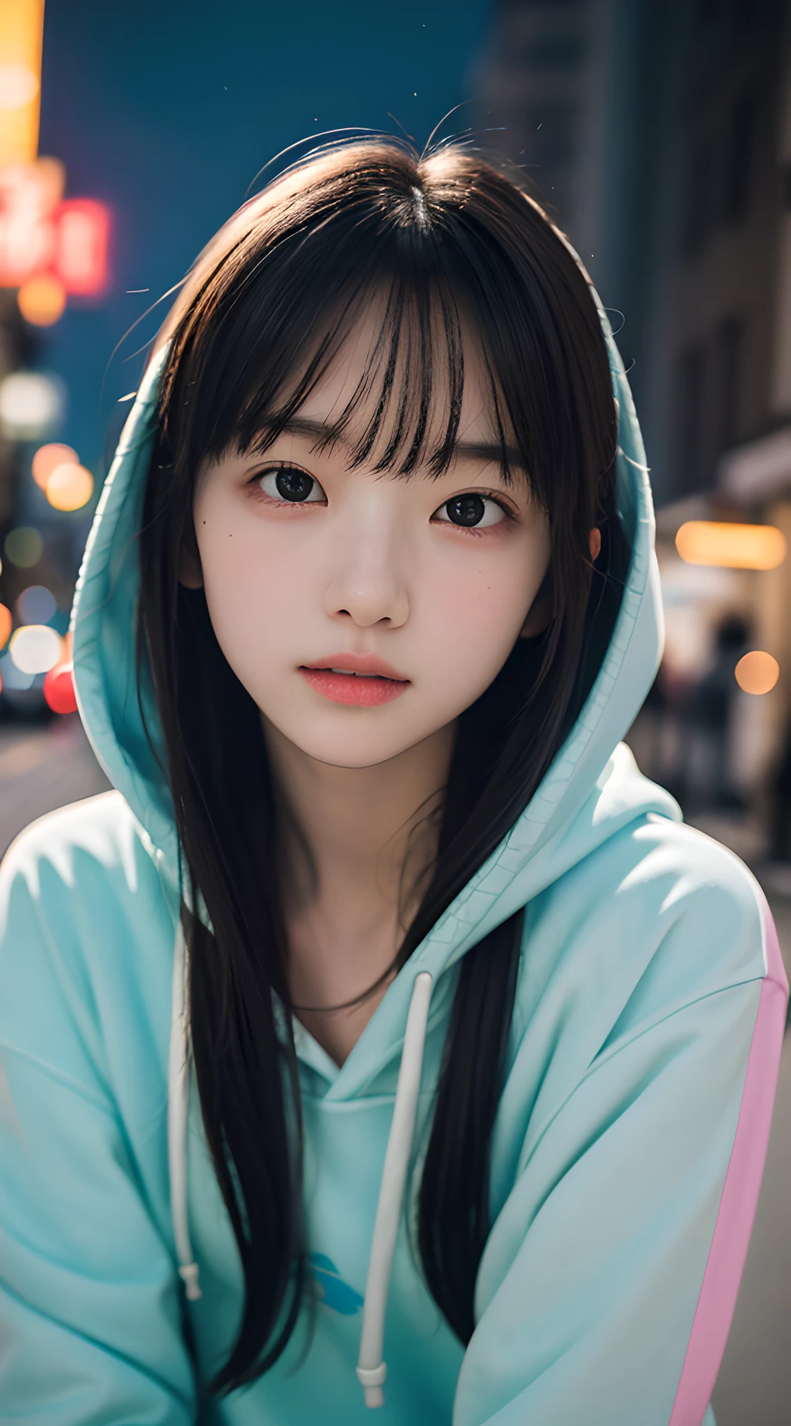 (masterpiece, best quality:1.4), girl, solo, (beautiful face, night:1.2), violaceaess, 8k, ****, absurdres, upper body, hoodie, looking at viewer, no makeup, film grain, chromatic aberration, sharp focus, facelight, sophisticated, (smile:0.5), (neon, street:1.1), simple background, bokeh background, [:detail face:10]