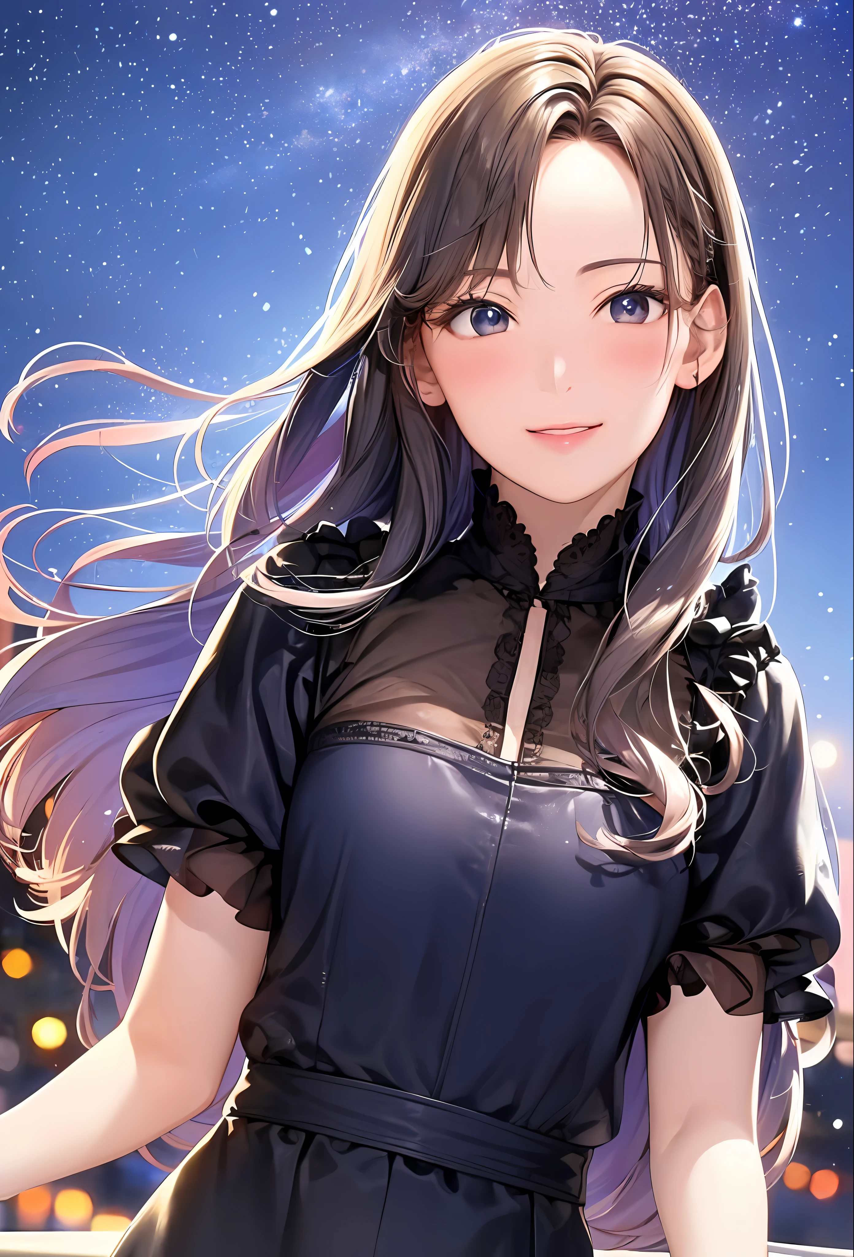 (8k, top quality, masterpiece: 1.2), (realistic, photorealistic: 1.37), super detailed, girl single, cute, solo, midnight, beautiful detailed sky, detailed café, sitting, date, (blush), (smile: 1.15), small breasts (mouth closed), beautiful fine eyes, floating hair NovaFrogStyle, back open dress