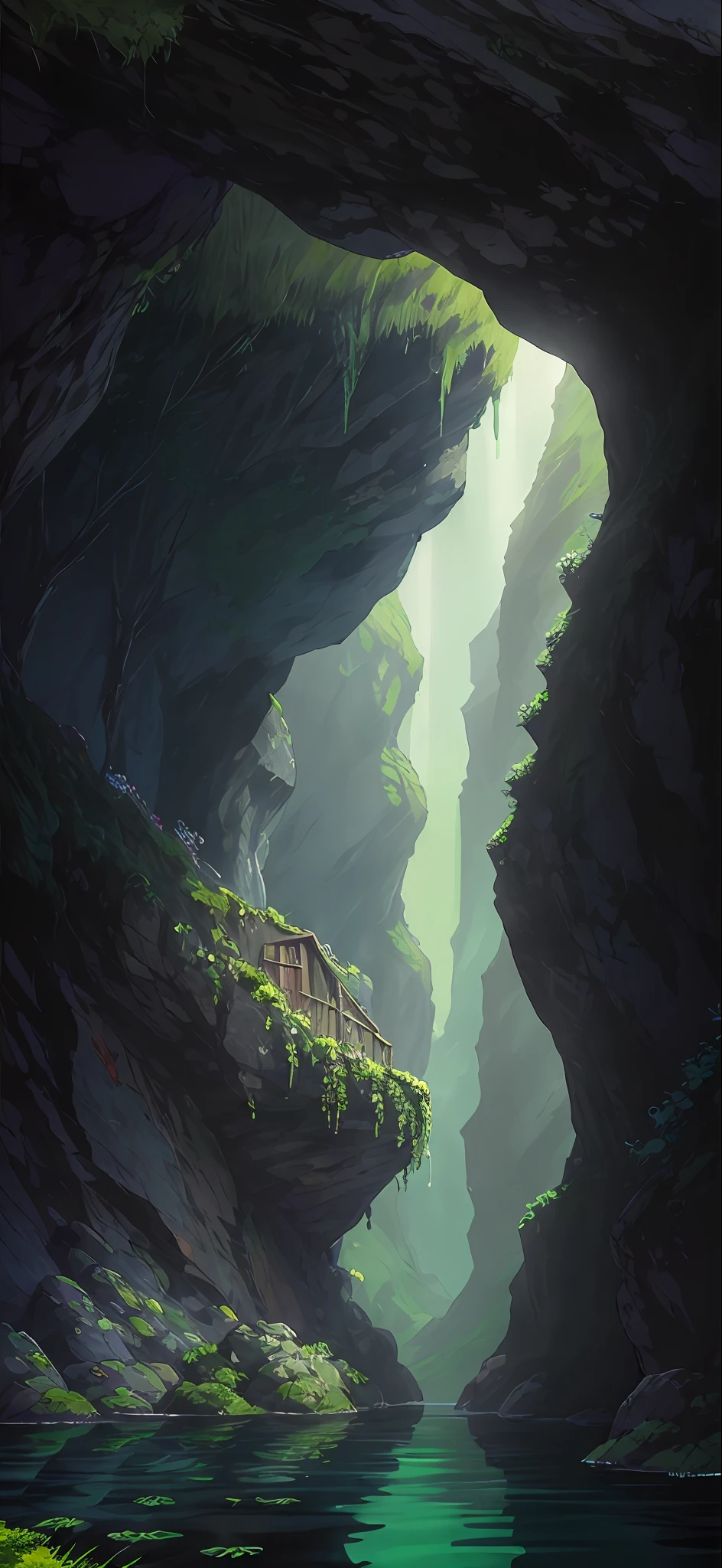 there is a small plant growing out of a rock in the water, plants inside cave, river with low hanging plants, mountain plants, mossy rock, mysterious canyon streams, greenery growing, green vegetation, with vegetation, small flowing stream from wall, gorge in the mountain, overgrown stone cave, strange vegetation, very little moss, mossy stone, small water stream