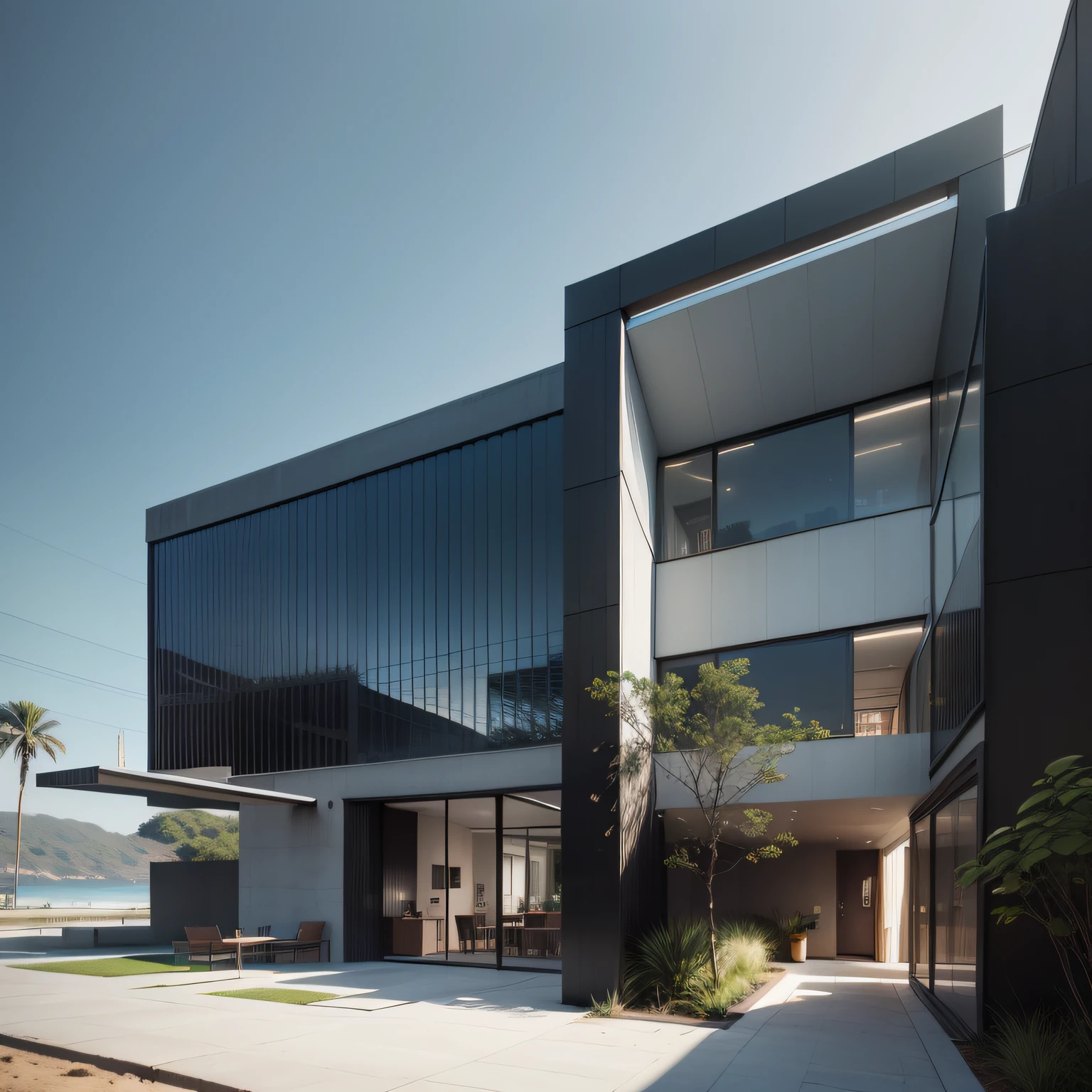 Grande hotel, Arquitetura futurista, building in the background, Architecture of a dark gray concrete building, madeira e vidro, Building with large lawn on the beach, Arquitetura moderna, grande piscina em frente ao hotel, restaurante interior com grandes fachadas em vidro, grandes candeeiros no interior, lots of vegetation around, hotel com 120 quartos, Arquitetura moderna, organic architecture, Geometria luxuosa, hiper-realista, Fantastic 8K architecture, UHD — AR 16: