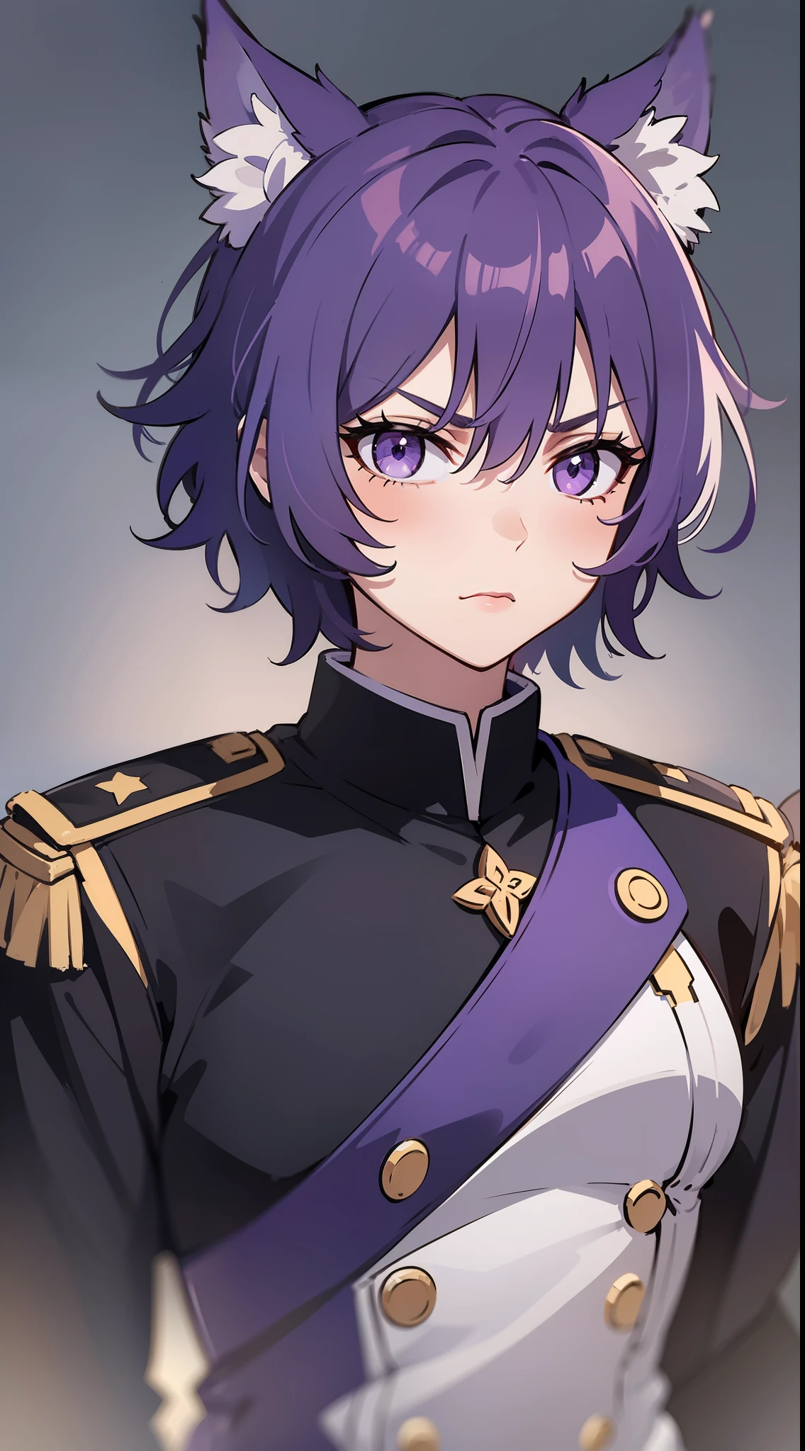 Tall guy, short purple hair, violet eyes, wolf ears, General's uniform, anger, Masterpiece, hiquality