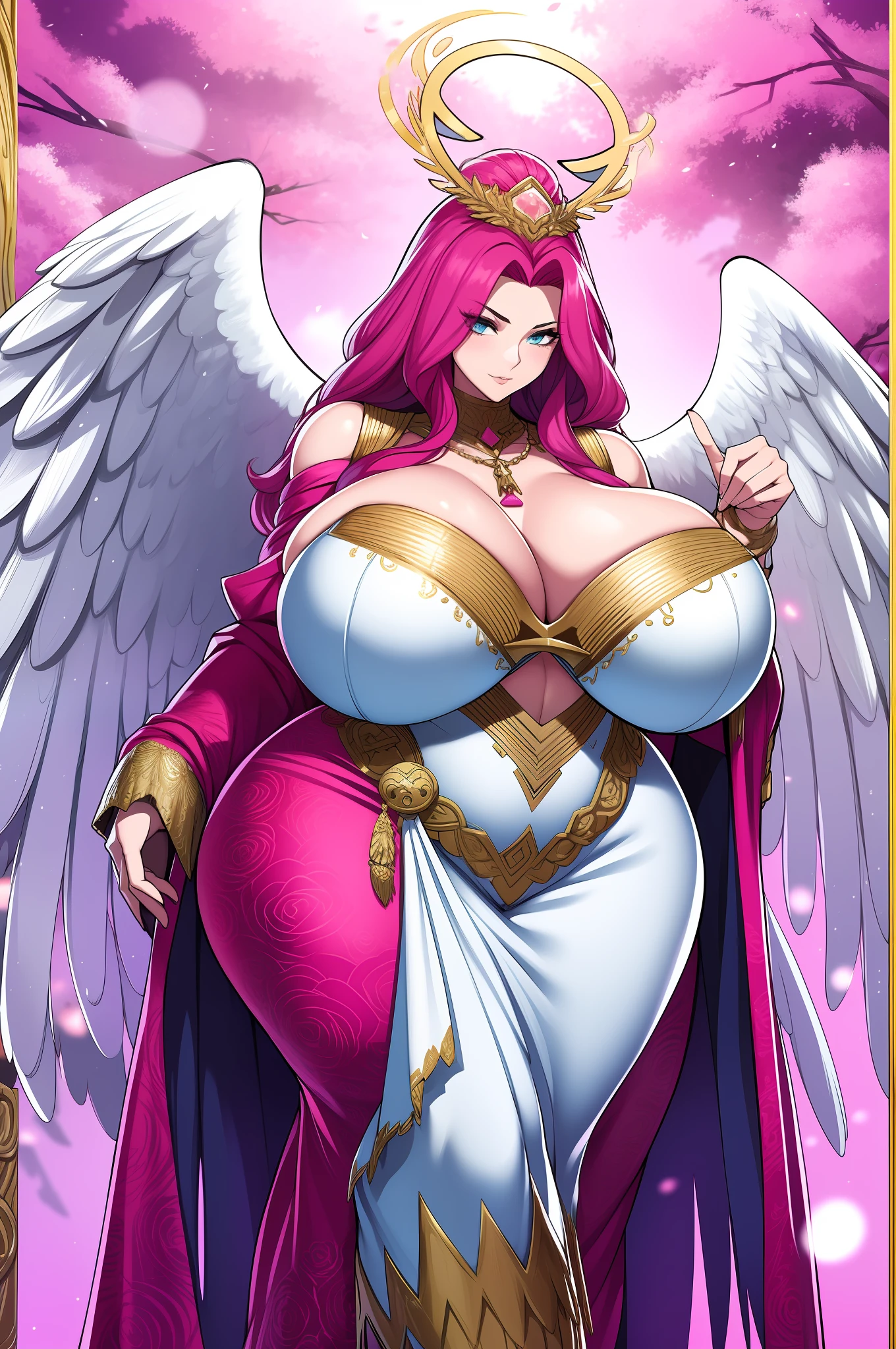 cheveux longs, cheveux roses, yeux bleus, Grande fille, enormous , long robe, ange, Angel wings, walking, curvy, bimbo,, halo,, dress, victorian cloths, priestess