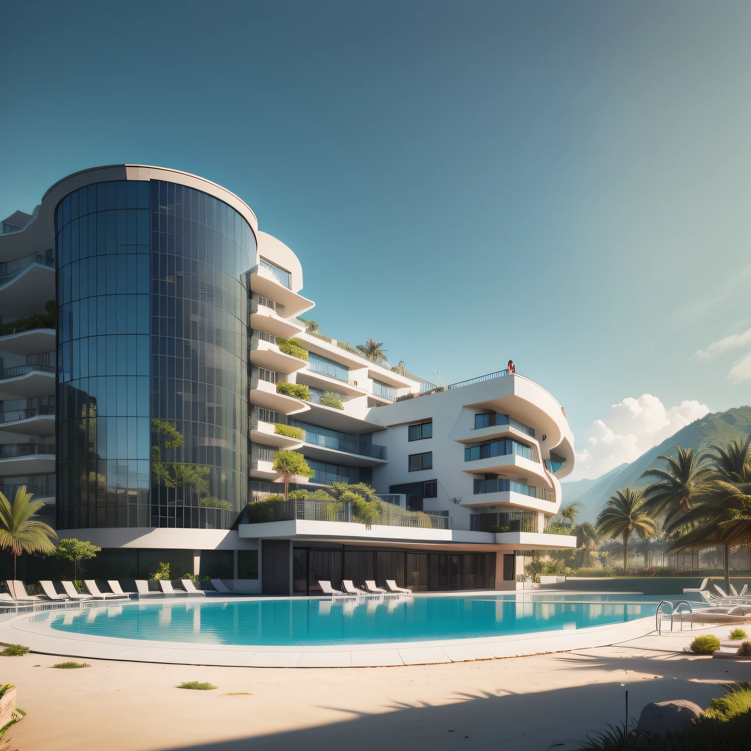 Grande hotel, Arquitetura futurista, building in the background, Architecture of a dark gray concrete building, madeira e vidro, Building with large lawn on the beach, Arquitetura moderna, grande piscina em frente ao hotel, restaurante interior com grandes fachadas em vidro, grandes candeeiros no interior, lots of vegetation around, hotel com 120 quartos, Arquitetura moderna, organic architecture, Geometria luxuosa, hiper-realista, Fantastic 8K architecture, UHD — AR 16: