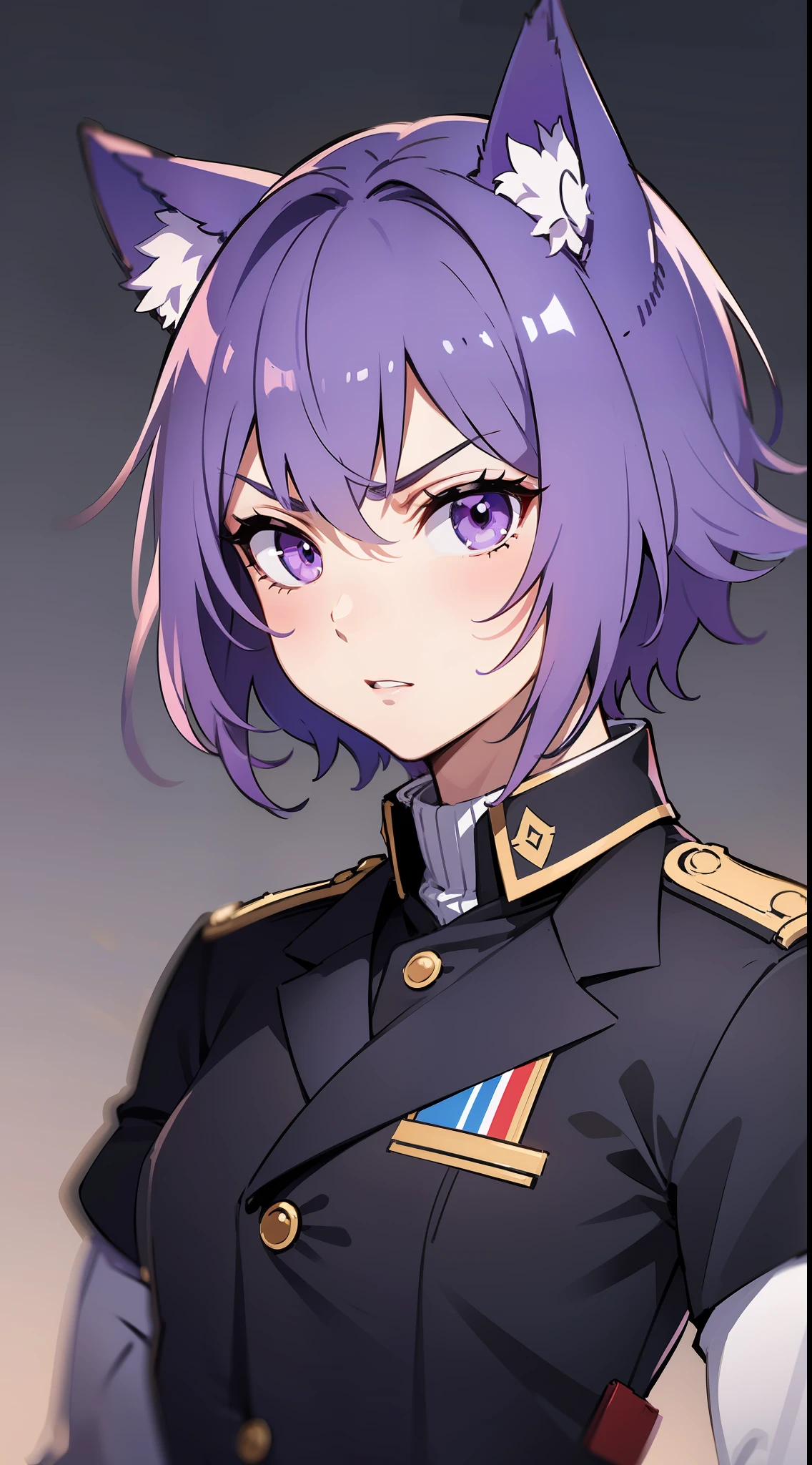 Tall guy, short purple hair, violet eyes, wolf ears, General's uniform, anger, Masterpiece, hiquality