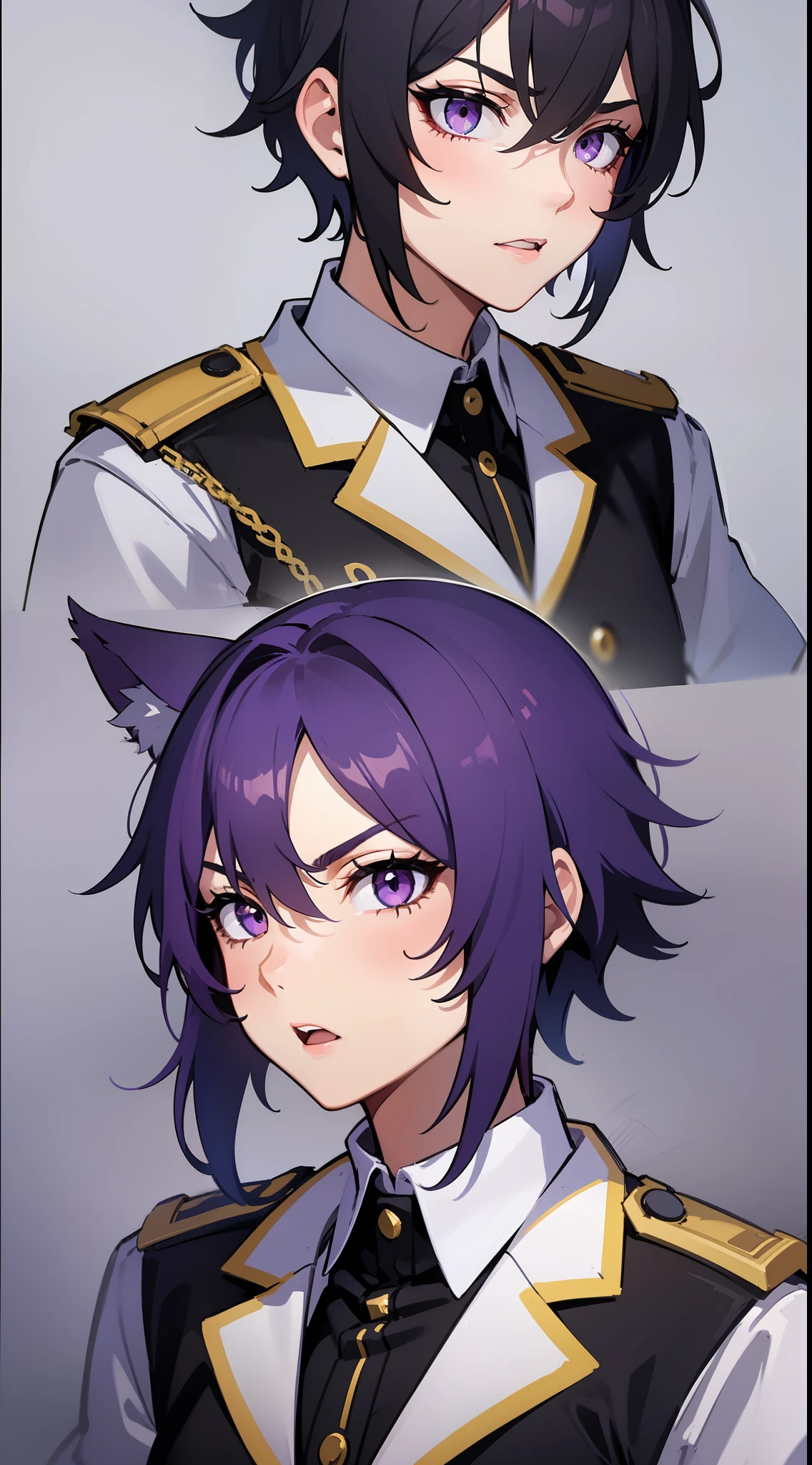 Tall guy, short purple hair, violet eyes, wolf ears, General's uniform, anger, Masterpiece, hiquality
