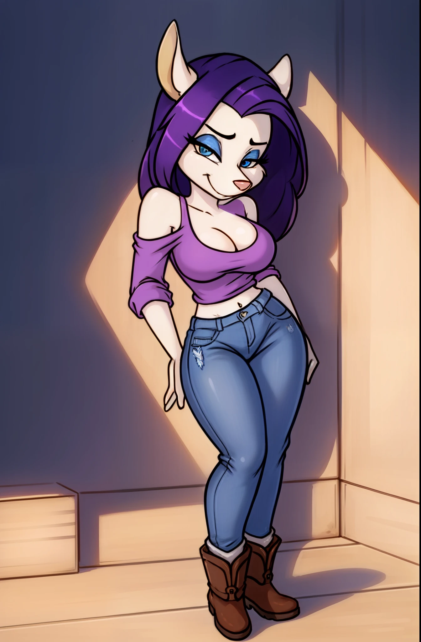 1girl, MinervaMinkCzar,(peludo, furry female, corpo inteiro), (orelhas de animais, cauda longa, cauda loira, focinho, franja varrida, cabelo longo, cabelo loiro, maquiagem, olhos pretos, sombra azul) casaco sobretudo, botas altas,Denim Jeans Pants