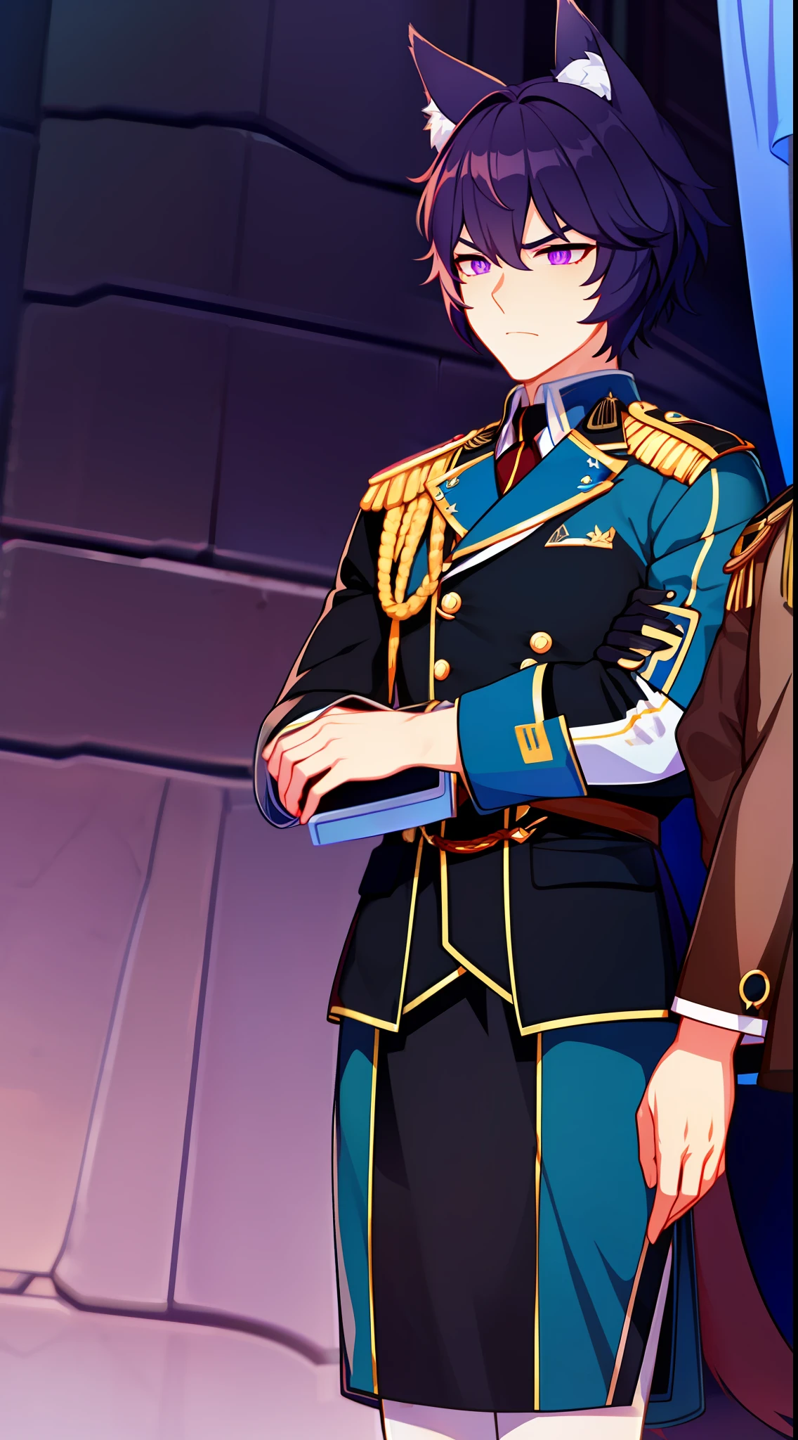 Tall guy, short purple hair, violet eyes, wolf ears, General's uniform, anger, Masterpiece, hiquality