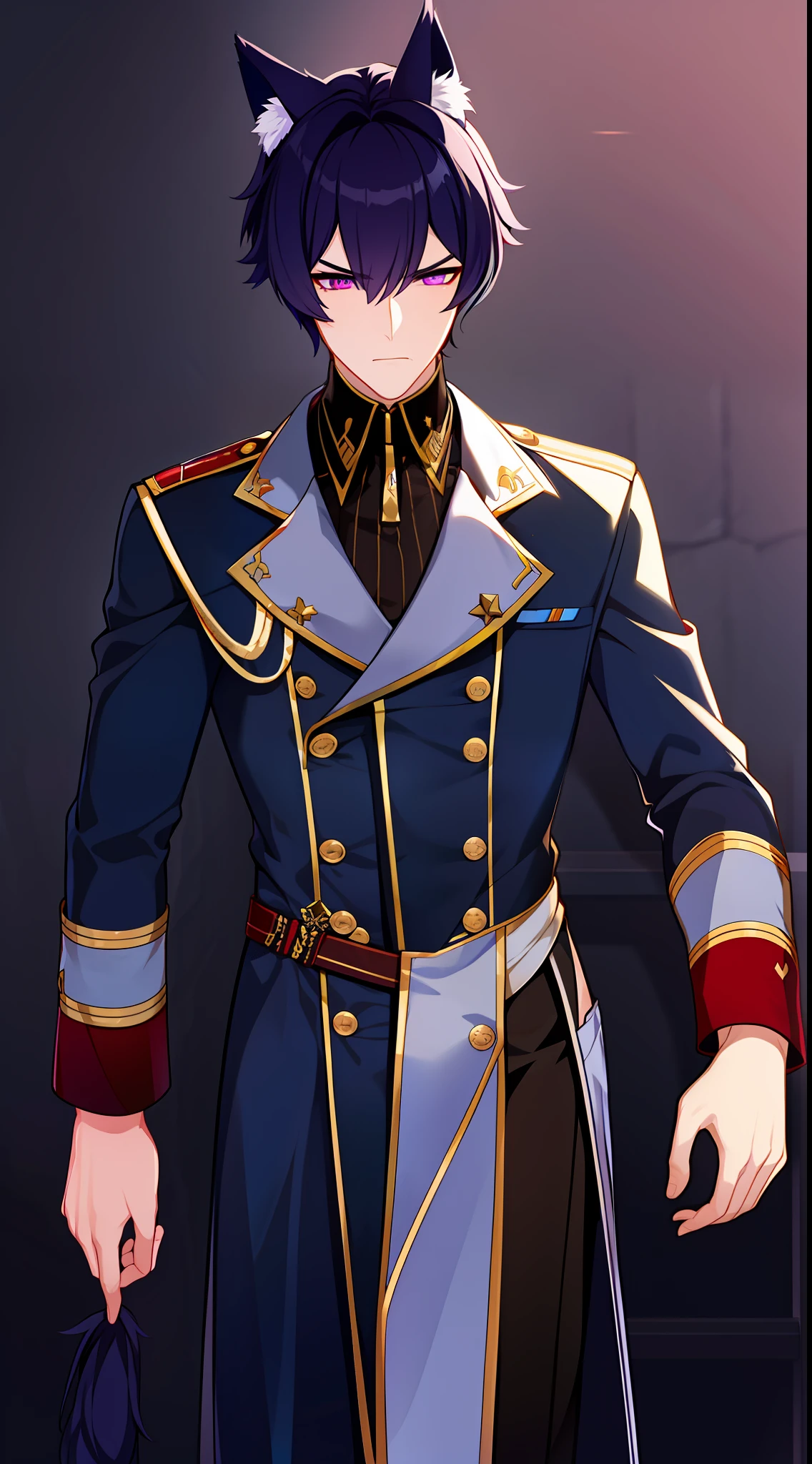 Tall guy, short purple hair, violet eyes, wolf ears, General's uniform, anger, Masterpiece, hiquality