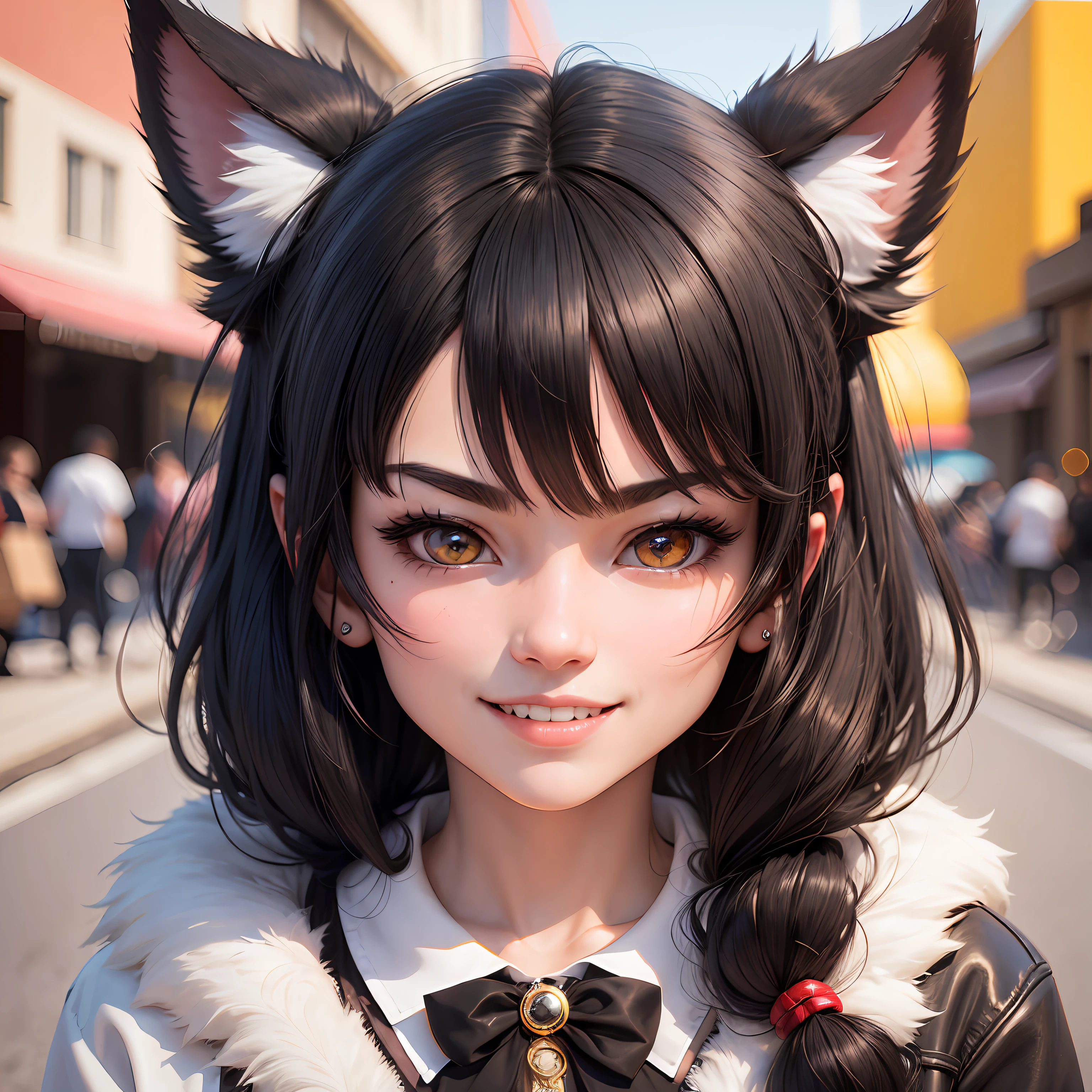 Black hair, hair bobbles, wince, solid circle eyes, Fake animal ears, Light smile, Ear blush, Fang, surrealism, anaglyph, stereograms, tachi-e, angle of view, 8K, Super detail, ccurate, Best quality