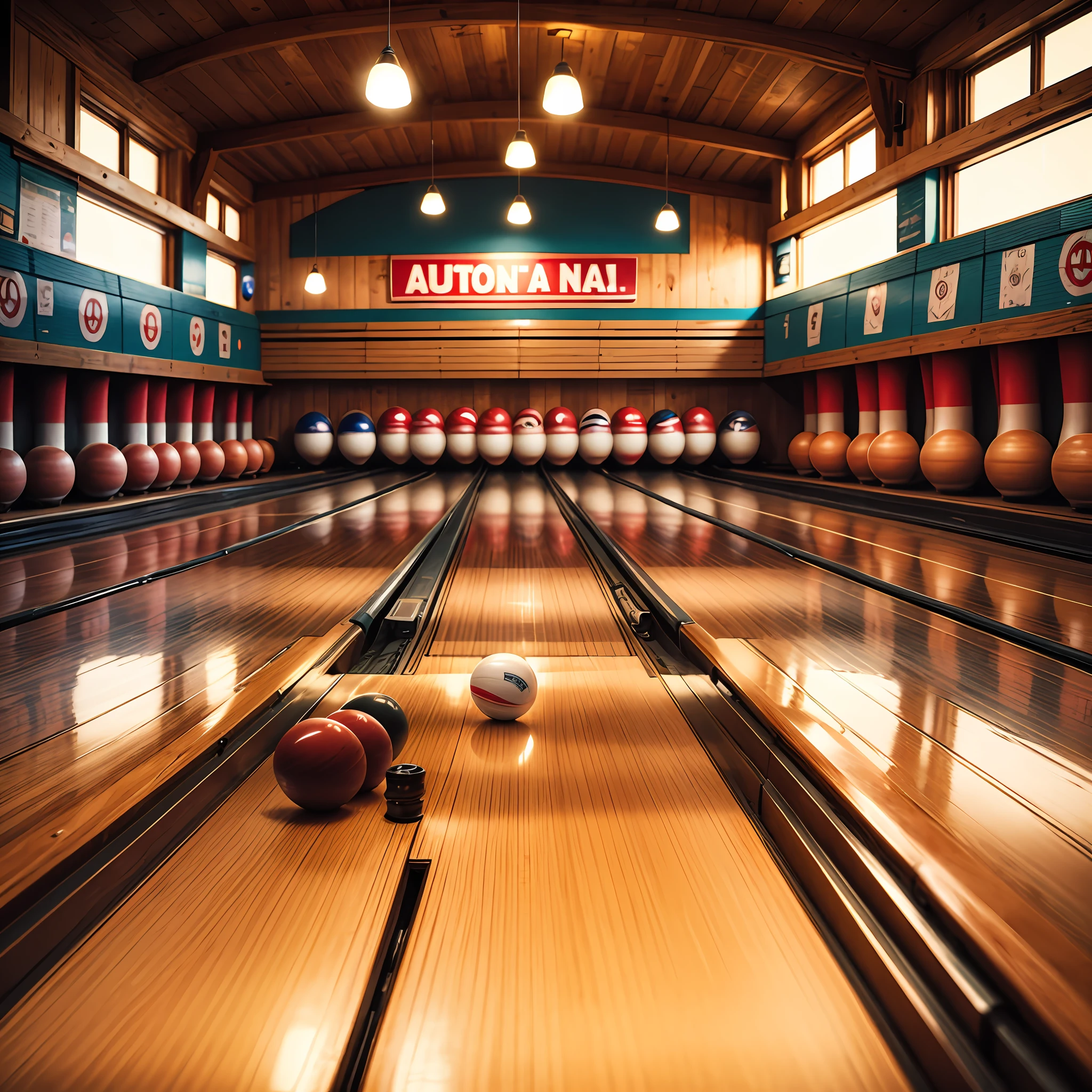 A vast wooden bowling alley with a beautiful floor Couple in their 30s Enjoying bowling --auto