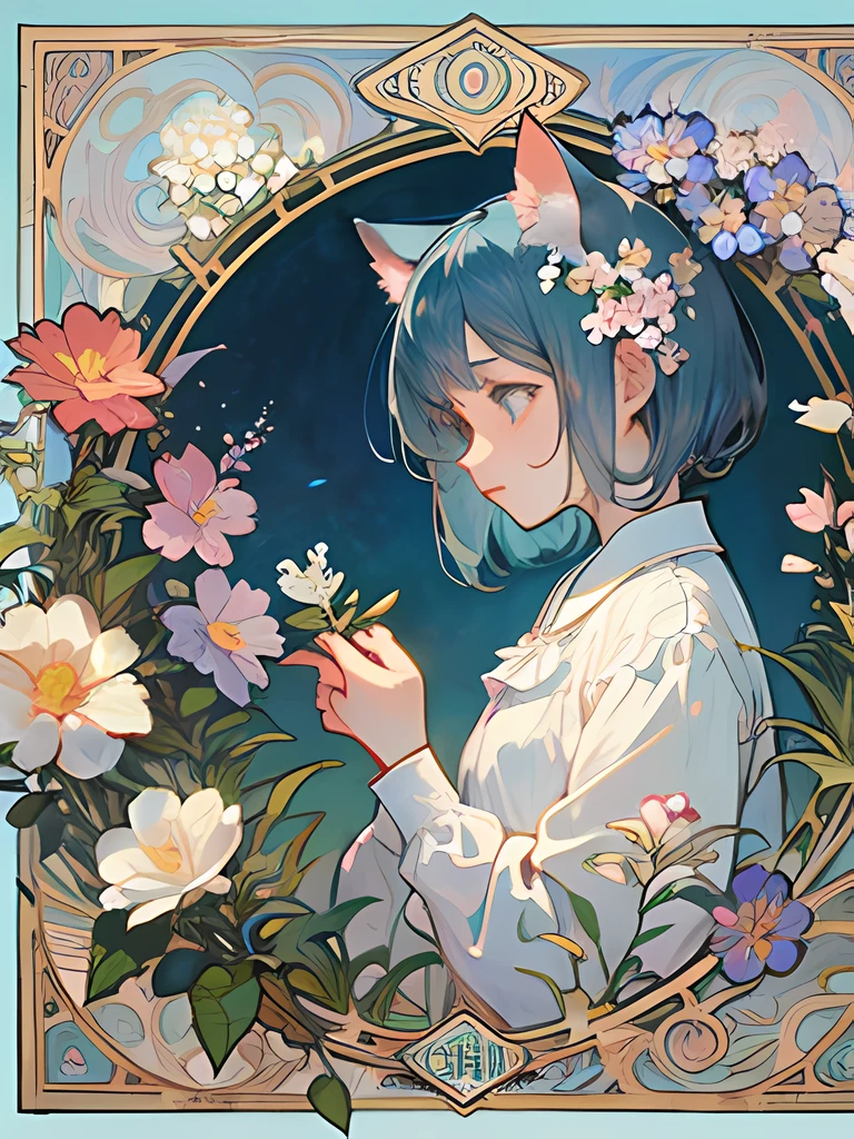 （​masterpiece、top-quality）、flowers background、**** alone、Sentimental、white  clothes、frilld、lightblue hair、bare-legged、Cat's ears、profile、by mucha、