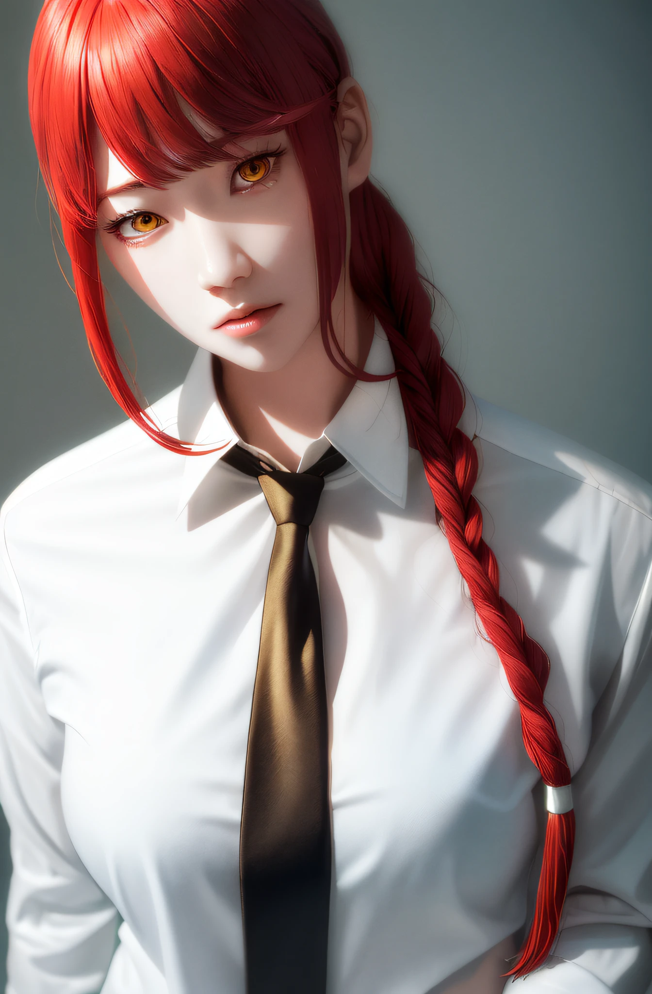 masterpiece, (photorealistic:1.4), best quality, beautiful lighting,
(ulzzang-6500:0.5), makima \(chainsaw man\), (red hair)+(long braided hair)+(bangs), yellow eyes, golden eyes, ((ringed eyes)), (white shirt), (necktie),
RAW photo, 8k uhd, film grain