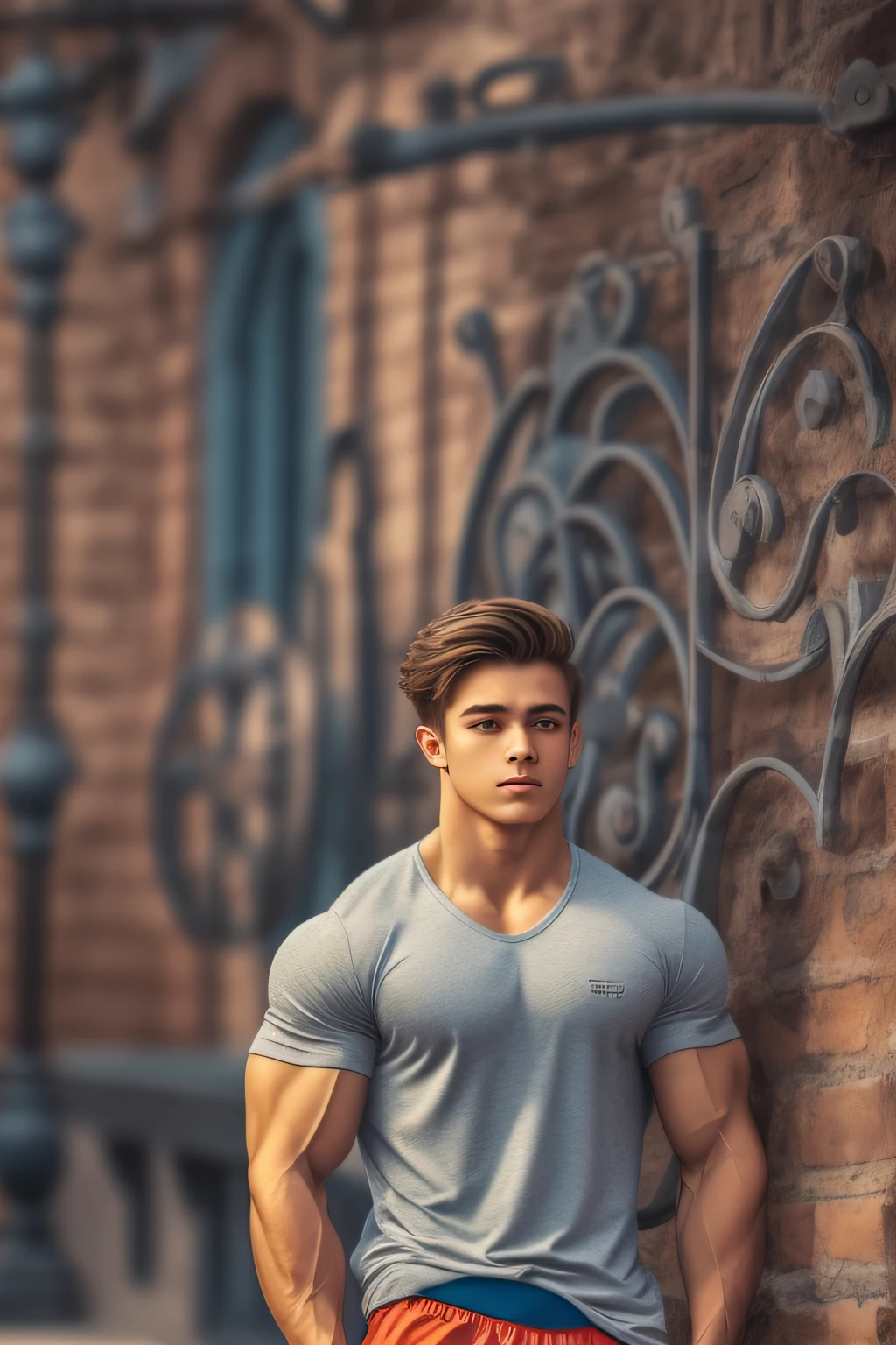 "fit age bodybuilder with a charming Disney heartthrob look, dressed in casual sporty attire, exuding a cool vibe, with striking HDR effect, showcasing a masterpiece in terms of quality"