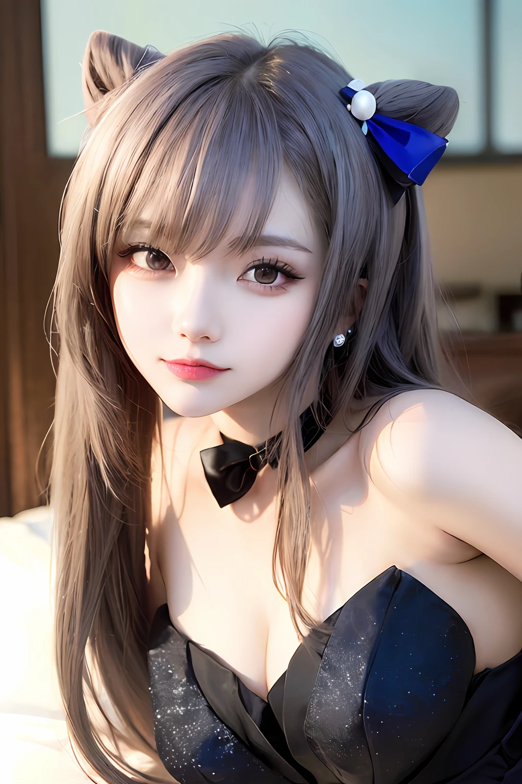 ((masterpiece)), (photorealistic:1.2) masterpiece, best quality, high quality, absurdres, shiny skin, colorful, stunning art, best quality, hyper detailed, beautiful detailed, reflective hair, good lighting, ray tracing, depth of field, ultra-detailed, illustration, Amazing, fine detail, extremely detailed, ((ultra-detailed)), (beautiful detailed girl), beautiful detailed glow, intricate detail, highres, an extremely delicate and beautiful, beautiful detailed eyes, hdr, rounded eyes, detailed facial features, (rounded pupils:1.4) (illustration), (beautiful detailed eyes), ((very detailed face)), depth of field, (alluring face), (evil smile:1.3), (large breast), (looking at viewer:1.1), close-up, wideshot, sideways, photo \(medium\), pose , moody lighting, ((perfect face, beautiful girl, teen, young, )), keqing (opulent splendor) (genshin impact), keqing (genshin impact), official alternate costume, dress, cone hair bun, night, strapless dress, looking at viewer, long hair, cleavage, black dress, hair bun, strapless, bare shoulders, purple hair, bangs, bow, detached collar, purple eyes, diamond-shaped pupils, ribbon, double bun, twintails, two-tone dress, medium breasts, hair ornament, black bow, hair ribbon, blue dress, bowtie, hair between eyes, make up in face, bedroom