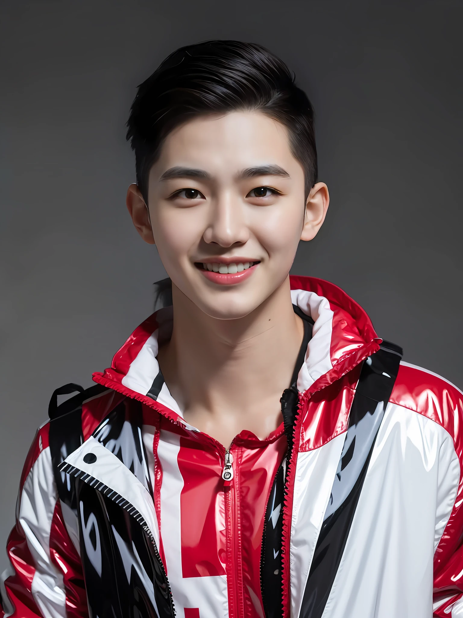 A Chinese male high school student,Wear colorful PVC casual clothes