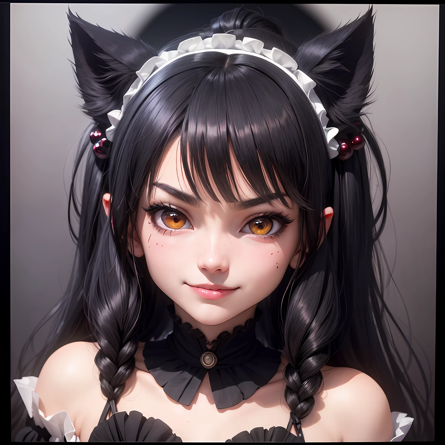 Black hair, hair bobbles, wince, solid circle eyes, Fake animal ears, Light smile, Ear blush, Fang, surrealism, anaglyph, stereograms, tachi-e, angle of view, Gothic art, Ultra-wide angle, 8K, Super detail, ccurate, Best quality,Moles in the corners of the eyes