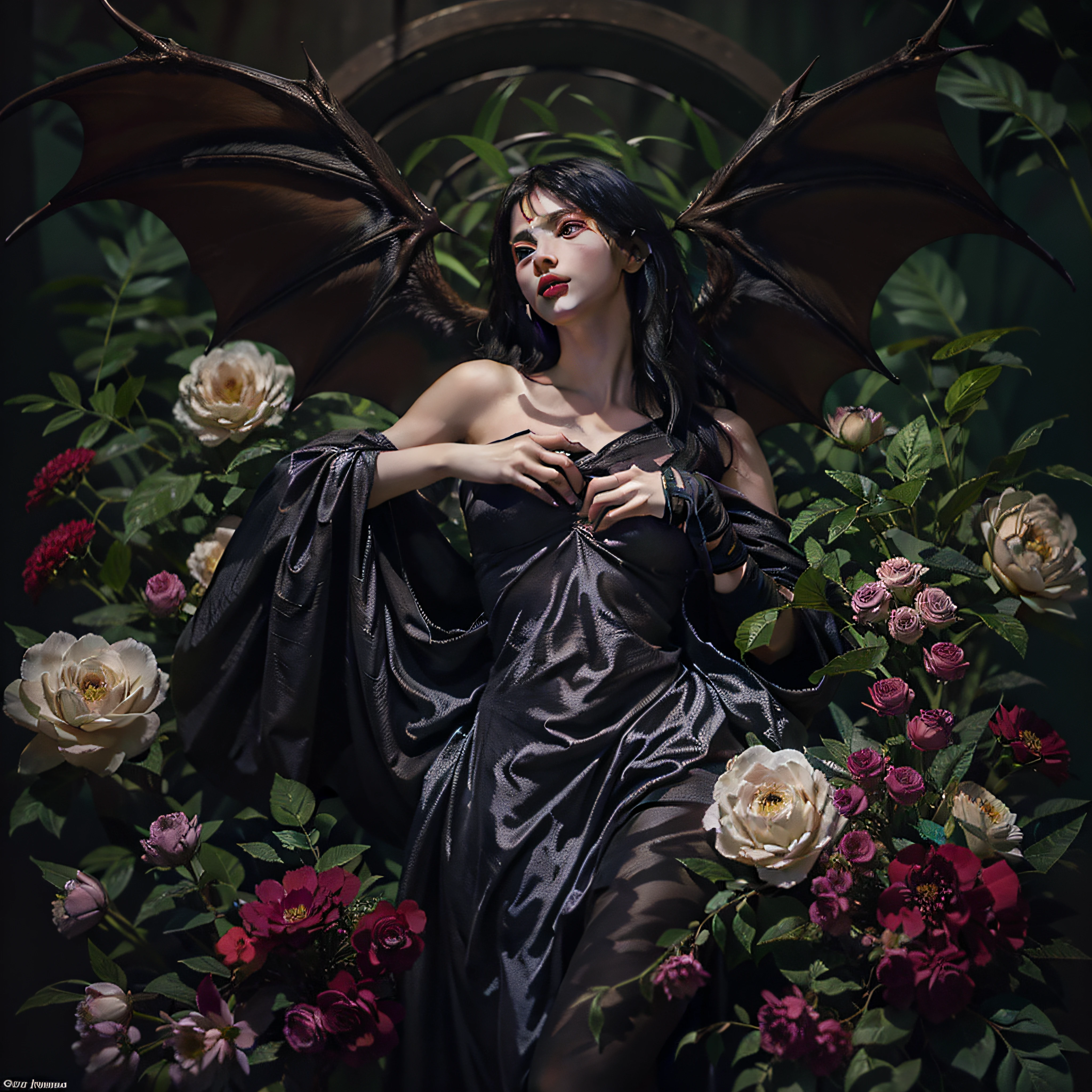 "((obra maestra))(The best lighting, alto contraste, oscuro, dramatic, Acabado fotorrealista),(manchas y desperfectos como de daguerrotipo).(Woman with Bat Wings, fondo lleno de flores),(Baphometh saca la lengua), viejos, Serpientes. Luz Caravaggio"