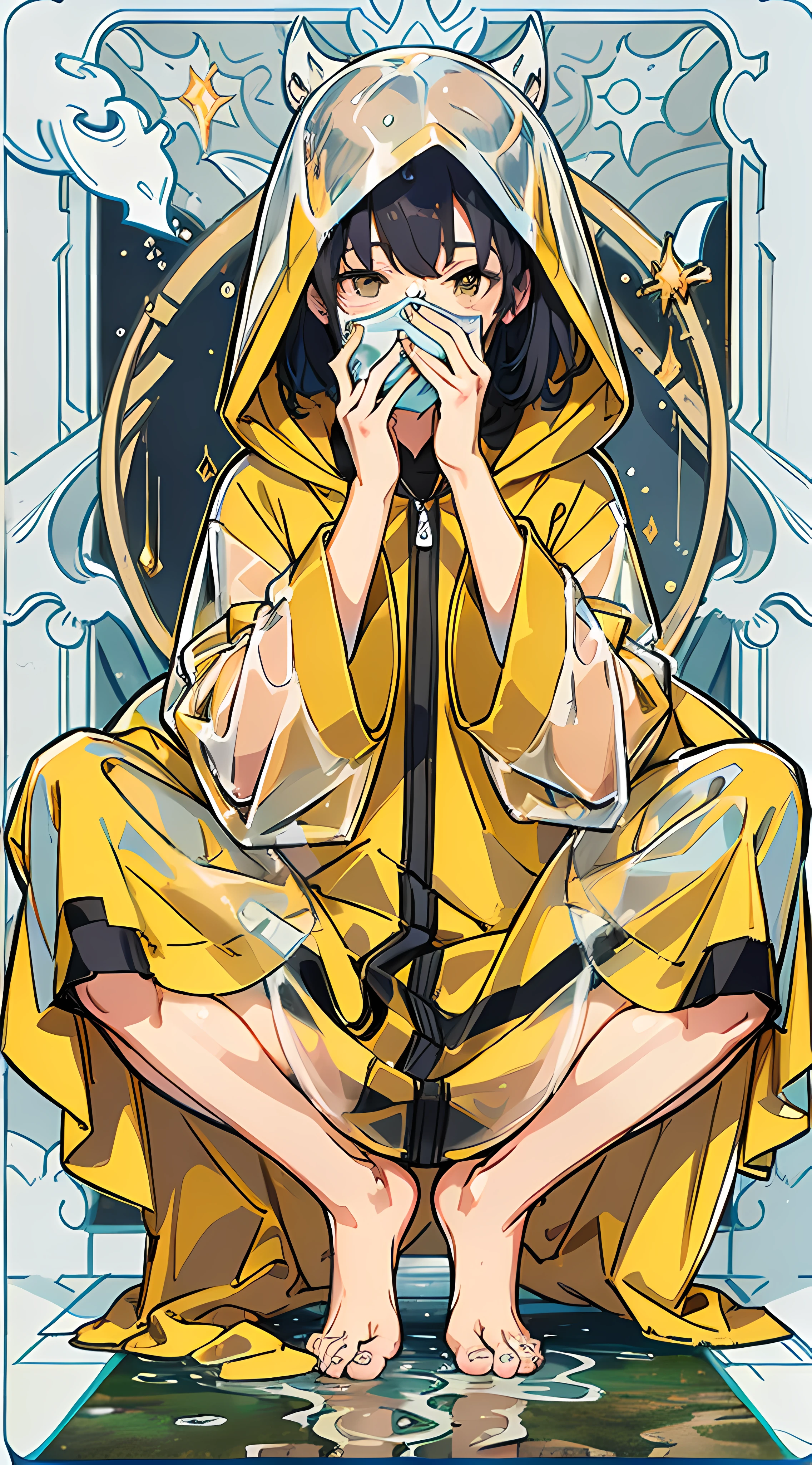 Short yellow raincoat girl,A hood that covers your face,Squat full body view,Barefoot and barefoot,Accentuates the raincoat gel texture,Accentuates the translucent texture of the raincoat。