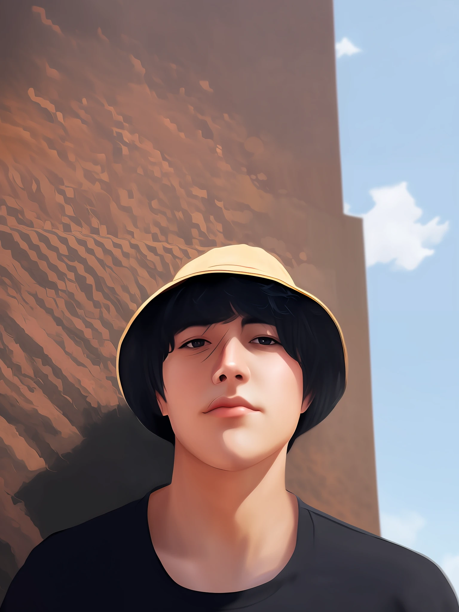 Realistic Anime Art Stule, Begie Bucket, 16y guy, profile picture, black hair, black tshirt