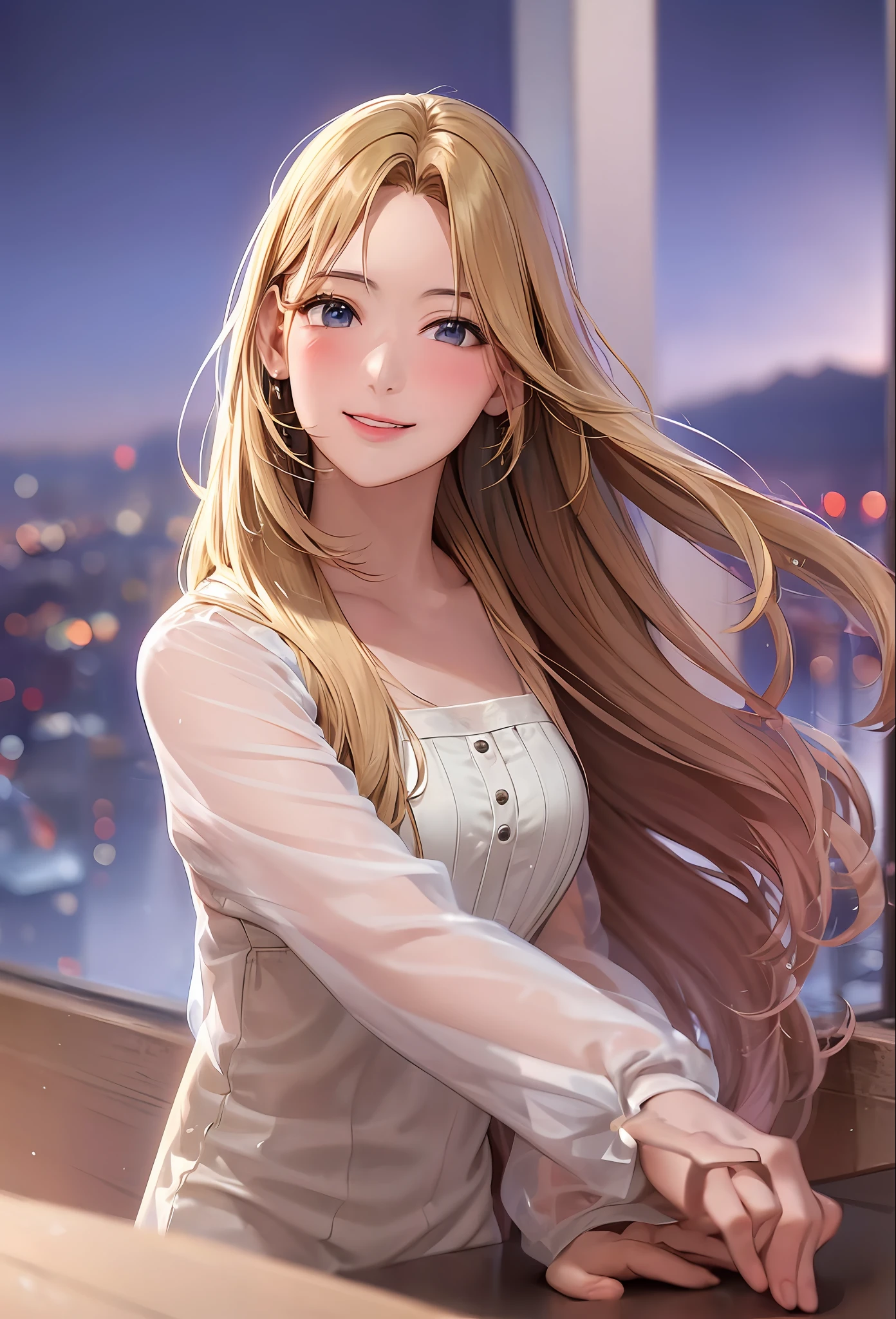 (8k, top quality, masterpiece: 1.2), (realistic, photorealistic: 1.37), super detailed, girl single, cute, solo, midnight, beautiful detailed sky, detailed café, sitting, date, (blush), (smile: 1.15), small breasts (mouth closed), beautiful fine eyes, floating hair NovaFrogStyle, back open dress