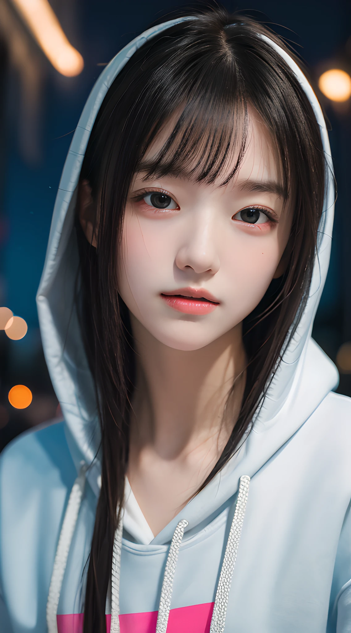 (masterpiece, best quality:1.4), girl, solo, (beautiful face, night:1.2), violaceaess, 8k, ****, absurdres, upper body, hoodie, looking at viewer, no makeup, film grain, chromatic aberration, sharp focus, facelight, sophisticated, (smile:0.5), (neon, street:1.1), simple background, bokeh background, [:detail face:10]