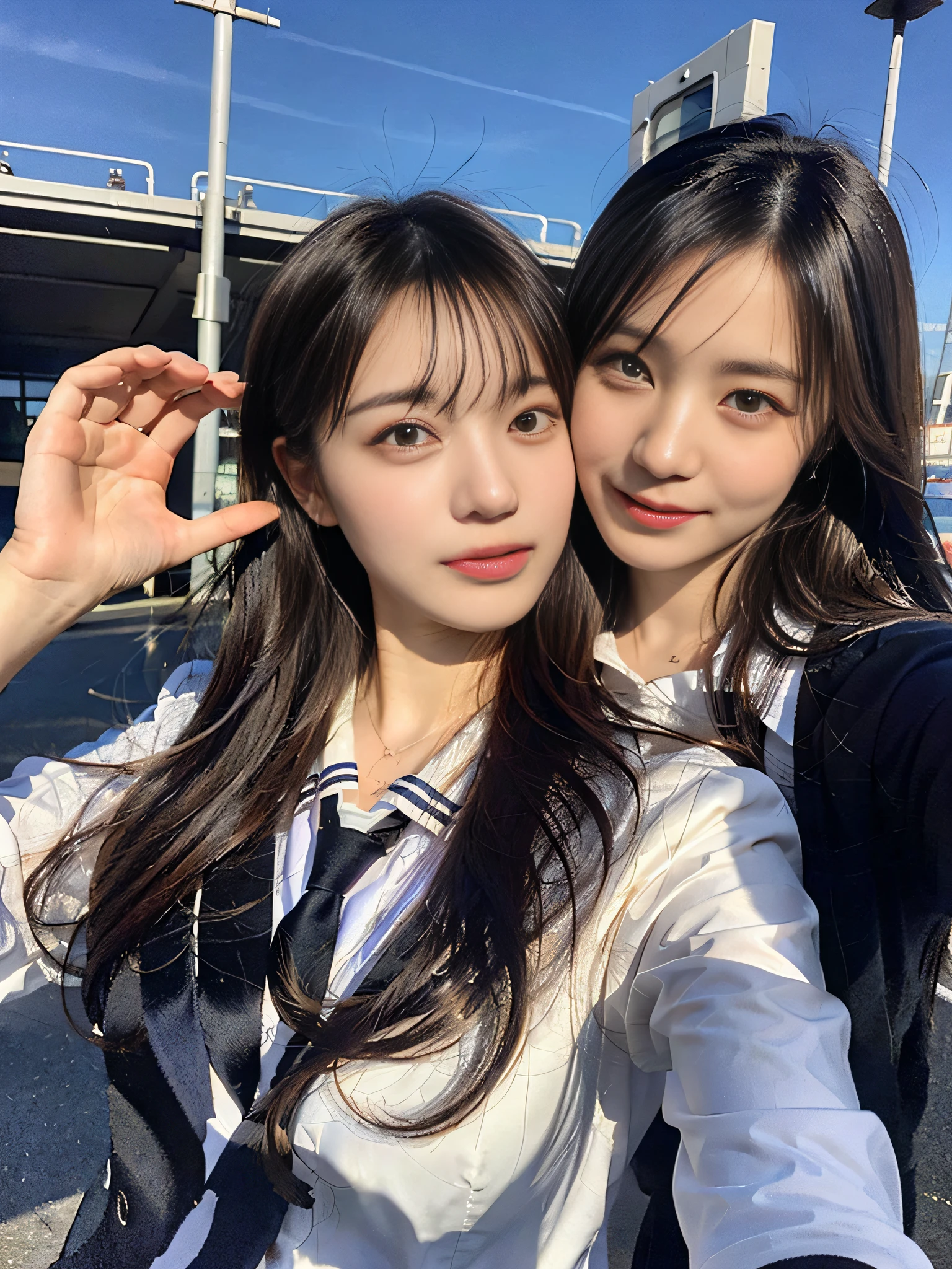 (in 8K、Raw photography、top-quality、masterpiece:1.4)、ultra-detailliert、ultra res、(realisitic、Real Photographics:1.47)、(Two women huddle together)From above、Camera from above、Camera angle from above、I'm looking at this with upward eyes、Woman holding hands、Holding hands、High-quality images taken with a camera from above、Luxury liner、Filming on board、(Very beautiful lighting)head to waist、Japanese student uniform、japanese sailor suits、Black uniform and red tie、de pele branca、Fair-skinned female proofreading、An ultra-high picture quality、Beautiful female proofreading reflecting in light、amazing detailed、Beautiful girls in very detailed、Faces with different patterns、Different face patterns、Each hairstyle has its own characteristics、Farbe々Hairstyle、Farbe々Hair color shining with clean light、I enjoy fishing on a boat、Brown hair shining in the light、One has a ponytail、、Modern cute high school girl、very detailed faces very detailed eyes、Very realistic skin、 extremely detailed fingers, highly detailed nose, highly detail mouth, perfect anatomia, Highly detailed sailor suit、、The details of their hair and uniforms shine through、Show your teeth、Realistic body, de pele branca, glistning skin, Slim body, Long straight hair, (Blunt bangs:1.2), , nixeu and sakimichan, TWICE, Seifuku, sakimichan, JK Uniform, wearing japanese school uniform, promo still, Larisa Manobal, Japan school uniform, japanese girl school uniform, alena aenami and lilia alvarado