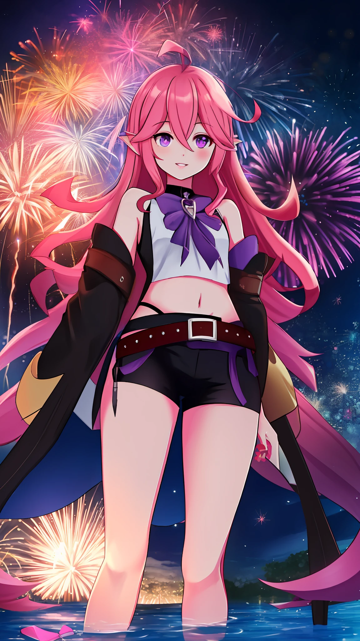 Keera, 1girl, pink hair, hair spread out, hair between eyes, very long hair, bowtie, parted lips, pointy ear, purple eyes, sleeves past wrists, black sleeves, black shorts, belt, detached sleeves, ahoge, heart necklace, navel, smile, looking at viewer, lily \(flower\),(fireworks),(aerial fireworks),firework background,(night),shrine,lake, light reflection \(water\), standing, from below