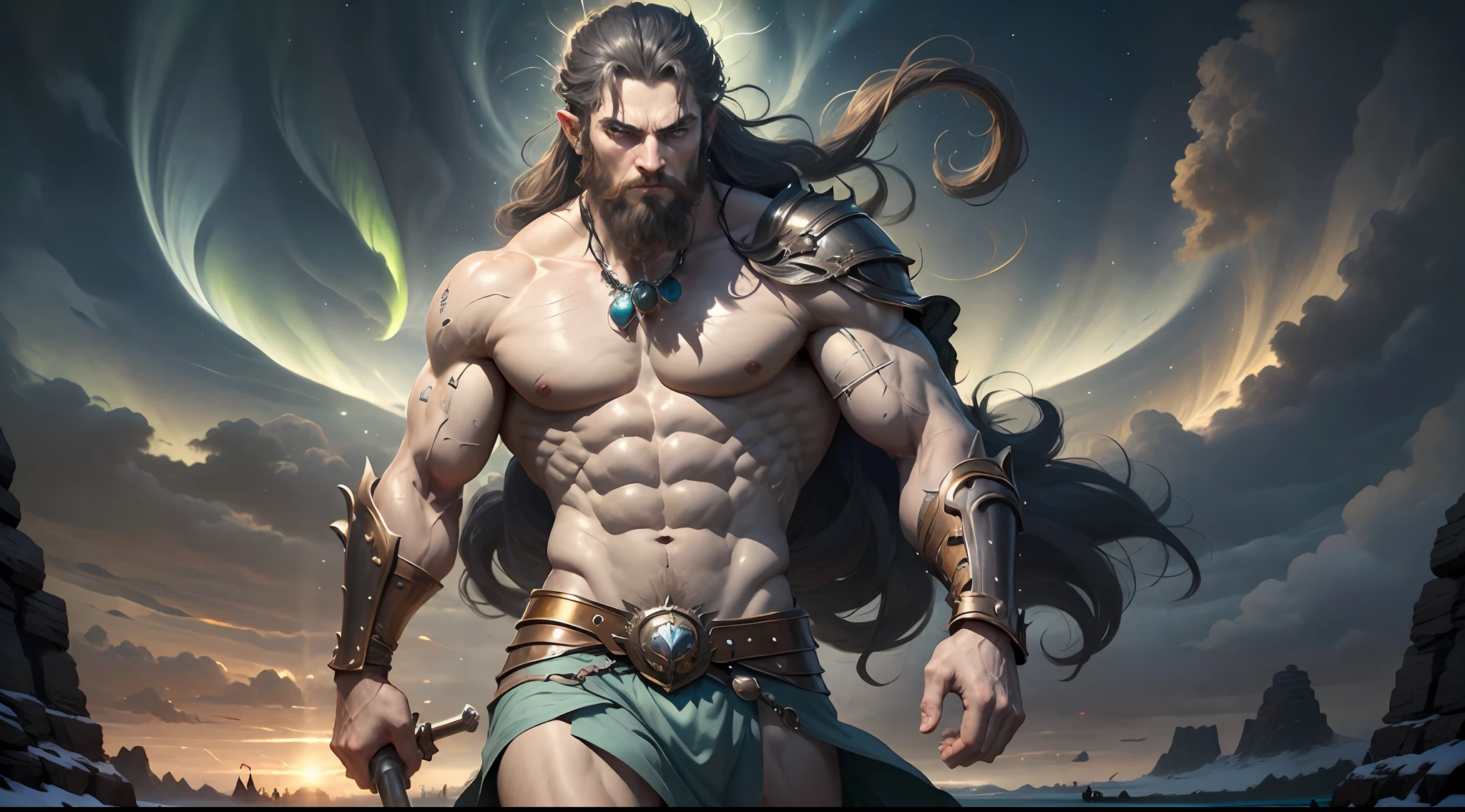 ((Best Quality)), ((Masterpiece)), (Detailed), image of Hades the Greek, (mythology: 1.2), (Majestic appearance: 1.1), loose beard and hair, muscular physique, Wearing a trident (The Realm of the Underworld: 1.1), (A powerful creature: 1.2), (Divine aura: 1.1), (domineering look: 1.1), 8K разрешение Viking, rocker, Rockstar, Cool, glare, radiance, spectrum, titanium, titanium, warrior, samurai, Strong WILL, Mighty strength, Energy, zipper, Salute, northern lights, dragon