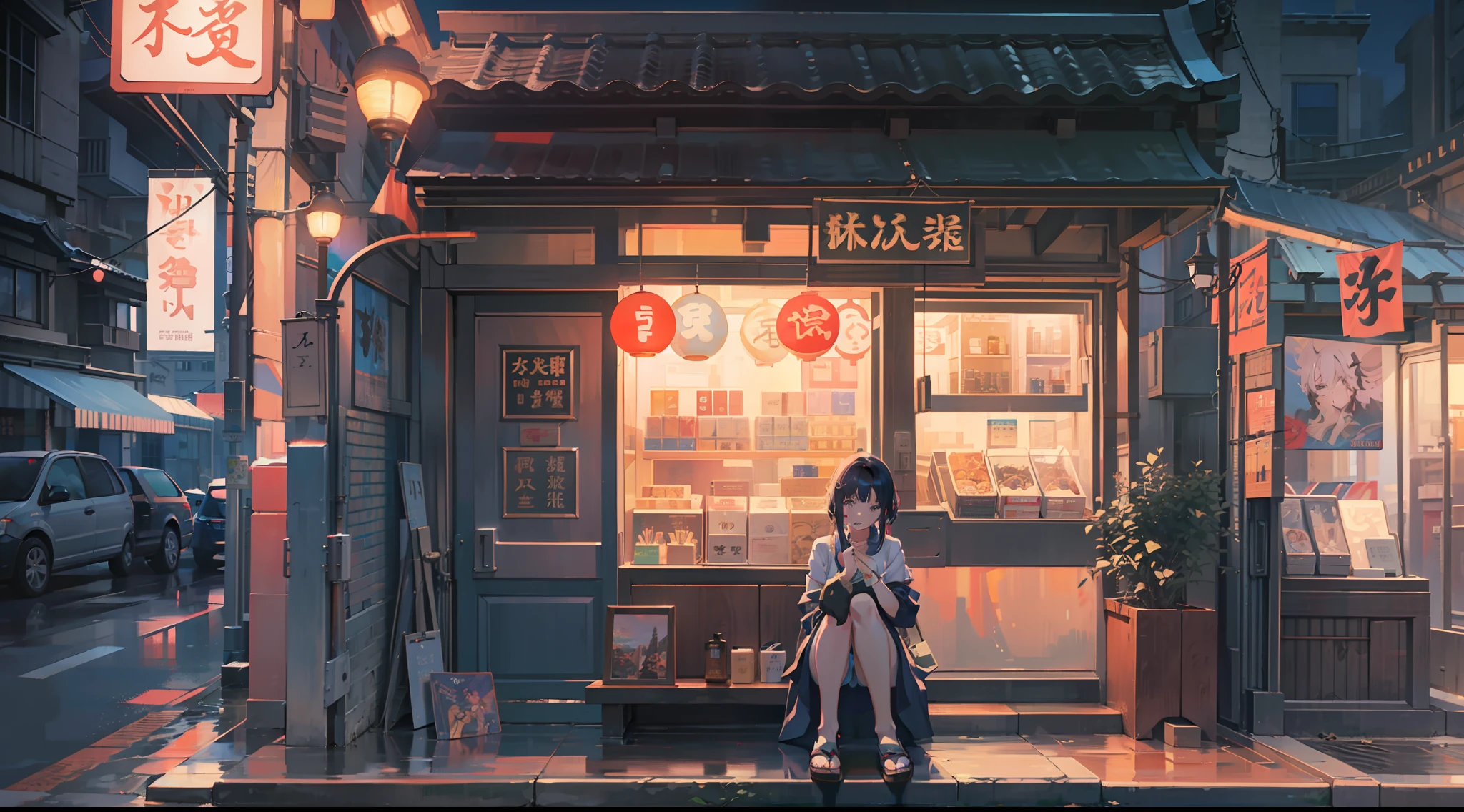 A girl is sitting on the curb of a building, artwork in the style of guweiz, guweiz and makoto shinkai, realistic anime 3 d style, anime style 4 k, atey ghailan 8 k, Anime style. 8K, guweiz, in style of kyoto animation, in front of ramen shop, Tokyo Anime Scene