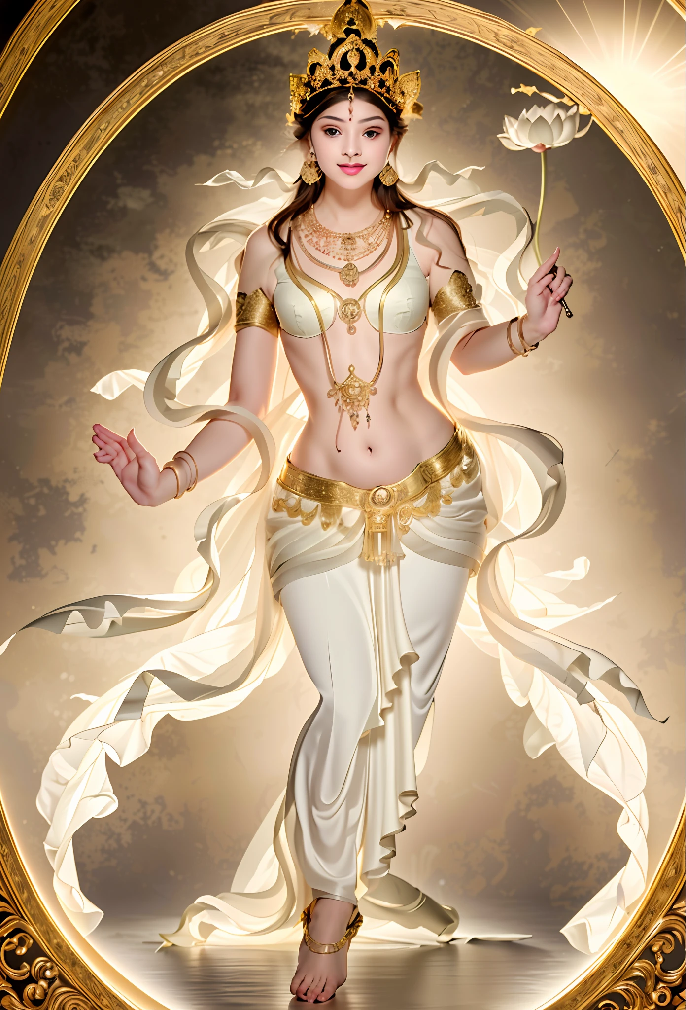 A painting of a goddess holding a lotus flower in her hand, Goddess of beauty, goddess art, Goddess. Extremely high detail, (RAW:1.2),(realisticlying:1.4),(Sharpness:1.2),(A woman who is),16 yaers old,(((body high:1.5))),(((Gemstones refract dazzling light))),((middlebreast:1)),(Abs:0.7),(glute:1.2),(healthy-looking skin, Thin skin, seductiveexpression, 二重まぶた,Jelly textured lips, Glowing lips,Small upturned lips,There is an eye in the middle of the forehead,(No clothes),The skin shines through,(((Flawless skin texture))),Real pores,ctextured skin,choker necklace,Yingluo,(Wear gemstones,pearls,hisui,amber,),((Gorgeous and exquisite crown,gemstone setting)),(Dynamic hair,Hair hanging down the shoulders,Beaded hairpins,Nobile,wet skin texture),Glossy glossy skin,Glowing skin,Radiant hair,eyes looking at the lens,The head is illuminated with an aperture,The body shines,
High quality detailing, Cinematic lighting,((Contre-Jour)),absurderes, unbelievable Ridiculous, hugefilesize, ultra - detailed, A high resolution, The is very detailed,best qualtiy,tmasterpiece,illustratio,The is very detailed,CG,unified,8k 壁纸,Amazing Cleavage,finely detailled,tmasterpiece,(((dynamicposes))), ((Correct anatomy)),(((Correct anatomy)),goddess of love and peace, portrait of a goddess, indian goddess of wealth, Female goddess, Goddess Inana, indian goddess, goddes, venus goddess, extremely detailed goddess shot