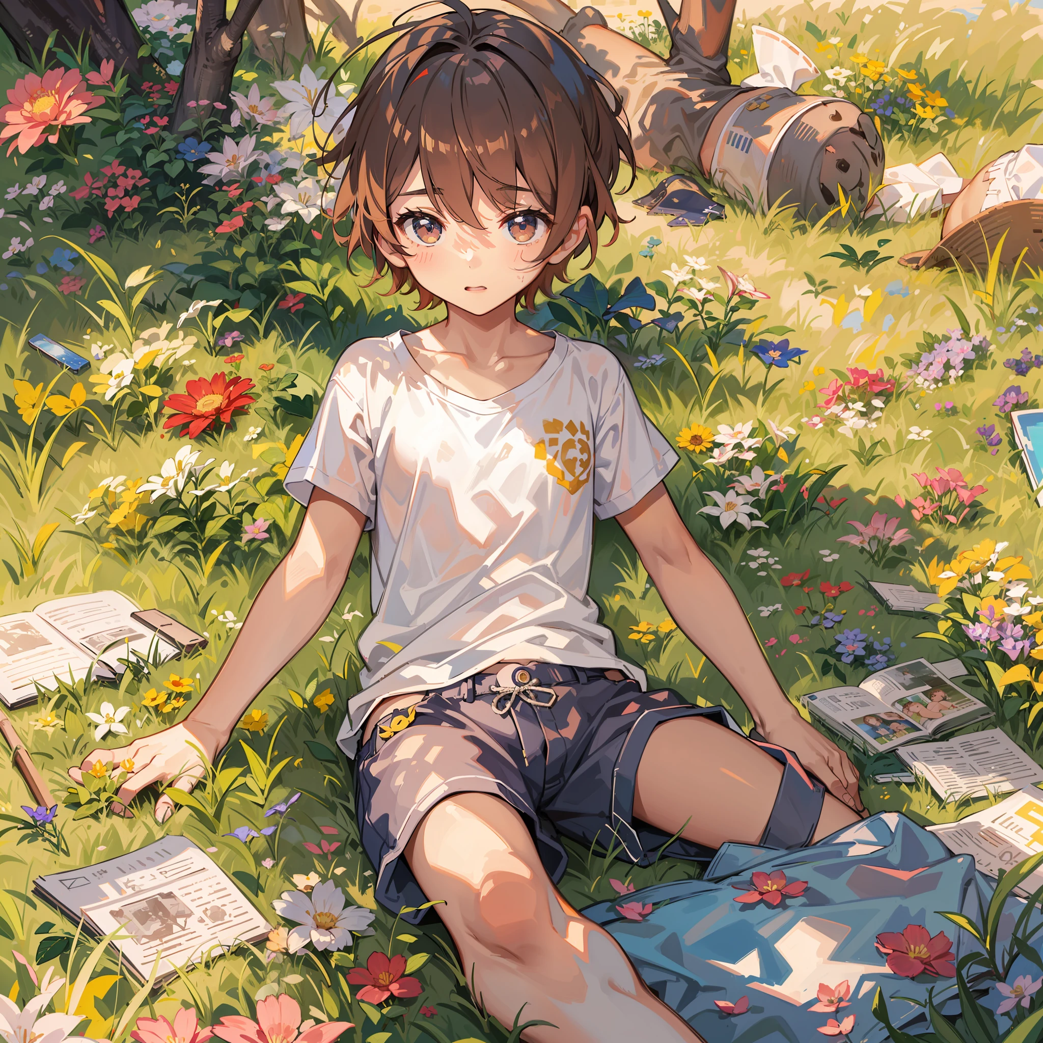 An 8-year-old boy is lying on the grass，Shota，slightly fat big breasts，White top，blue short pants，Messy bangs，Shota，Barefoot，sludgy，Dirty。and the sun was shining brightly，quadratic element，A high resolution，Best Masterpiece，Be red in the face，rustic，mid day