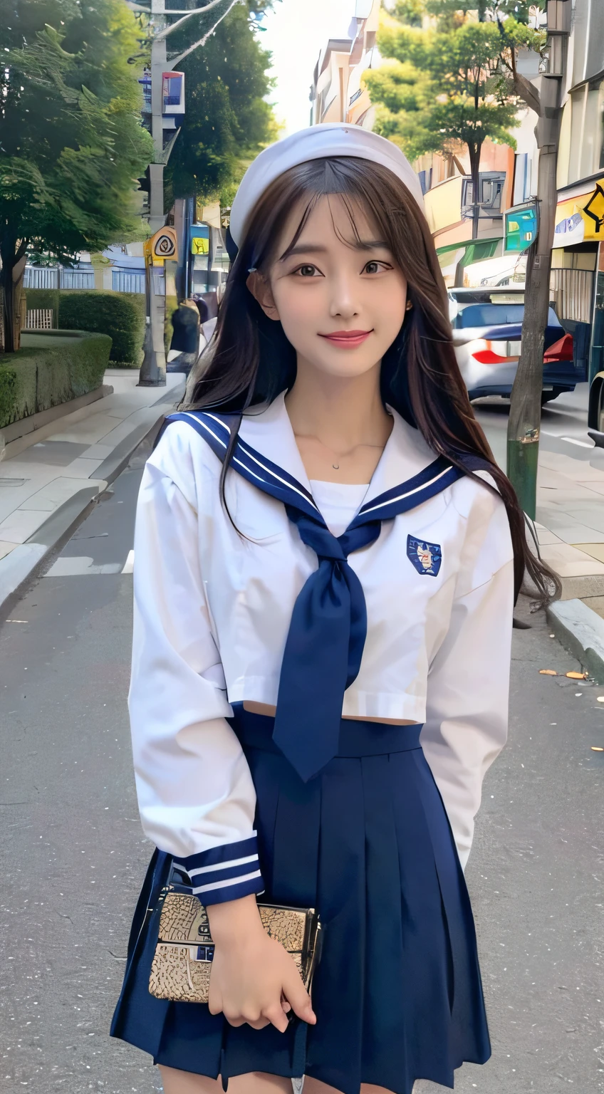 ((top-quality、8K、​masterpiece:1.3))、Beautiful woman with perfect body shape:1.4、(Brown Long Hair、small tits:1.3)、Casual wear、In the street、Highly detailed facial and skin texture、A detailed eye、二重まぶた、A smile:1.5、full body Esbian、student clothes、a sailor suit