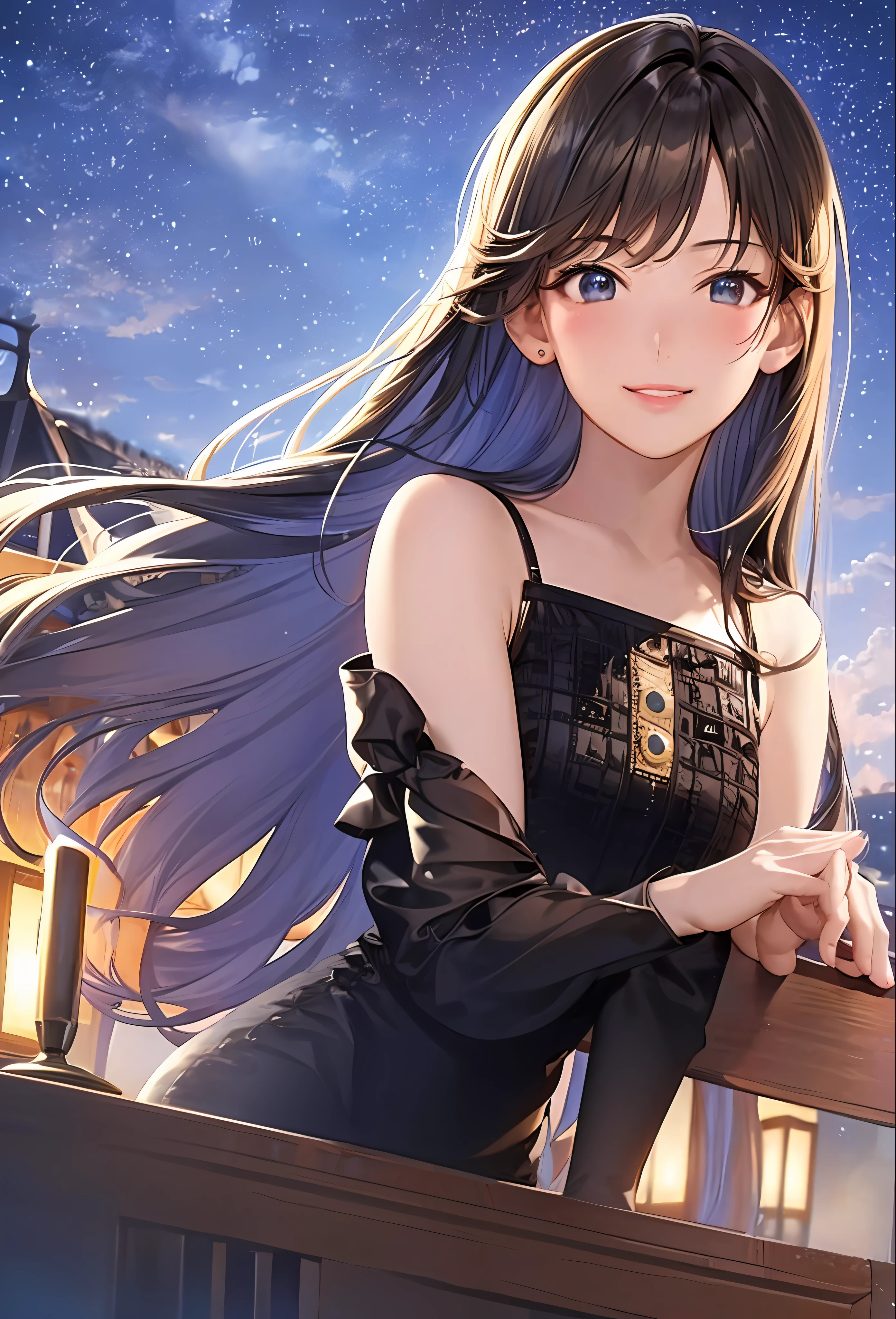 (8k, top quality, masterpiece: 1.2), (realistic, photorealistic: 1.37), super detailed, girl single, cute, solo, midnight, beautiful detailed sky, detailed café, sitting, date, (blush), (smile: 1.15), small breasts (mouth closed), beautiful fine eyes, floating hair NovaFrogStyle, back open dress