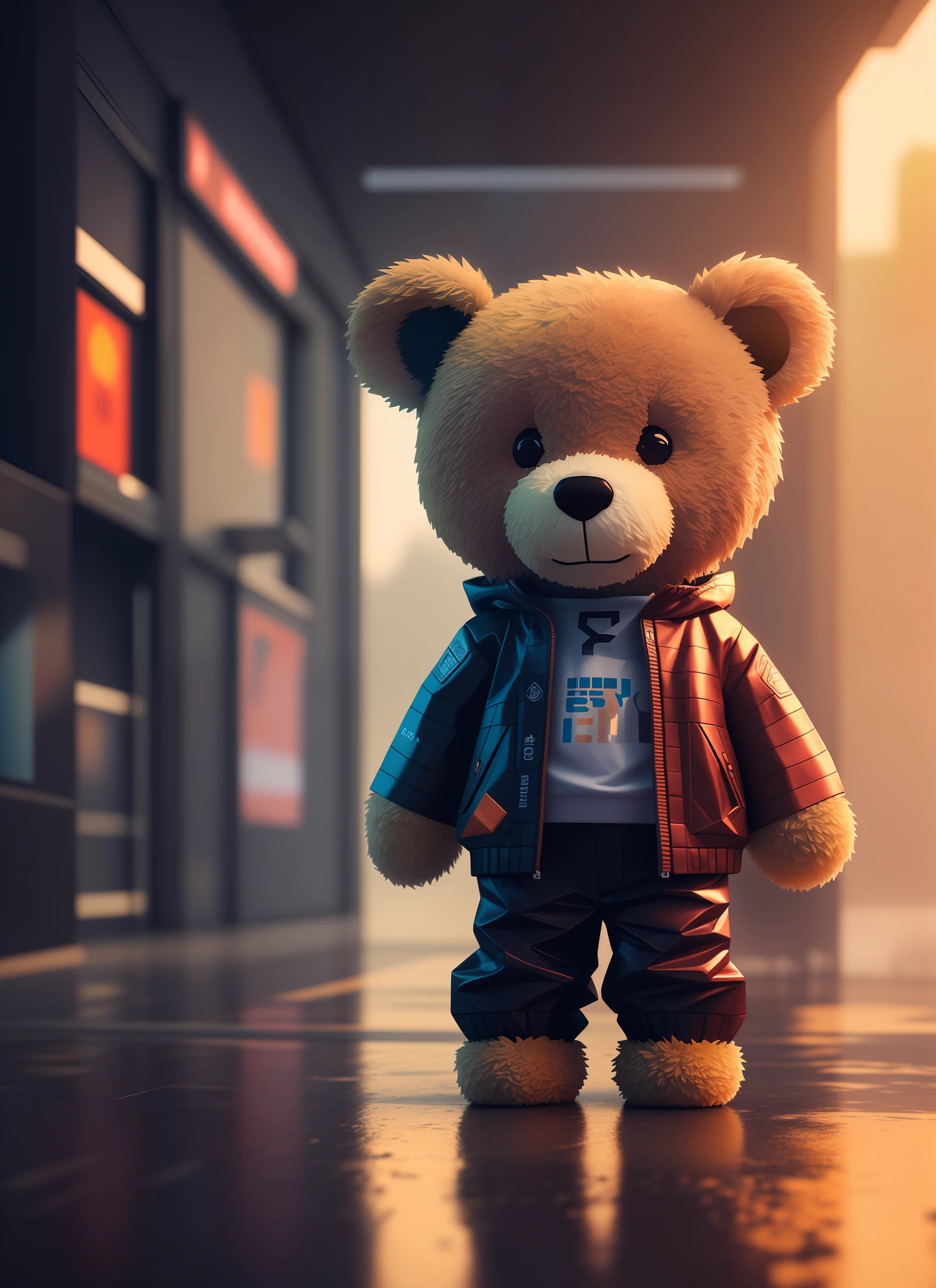 There's a teddy bear standing in the rain with a raincoat, usando colar de bitcoin, fotografia de brinquedo, Wojtek FUS, teddy bear, cinematic beeple, foto do brinquedo, hyper realistic 3d rendering, hyper realistic detailed rendering, brinquedo altamente detalhado, cinema realista 4 d render, teddy fresh, inspirado em Beeple, 3 d render bipe, renderizado em redshift