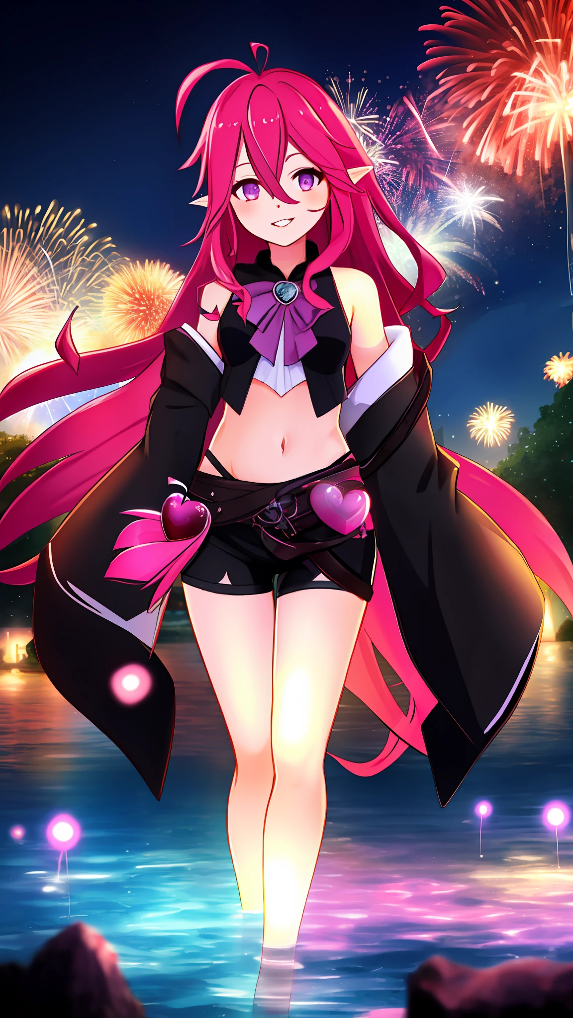 Masterpiece, highres, best quality, Keera, 1girl, pink hair, hair spread out, hair between eyes, very long hair, bowtie, parted lips, pointy ear, purple eyes, sleeves past wrists, black sleeves, black shorts, belt, detached sleeves, ahoge, heart necklace, navel, smile, looking at viewer, lily \(flower\),(fireworks),(aerial fireworks),firework background,(night),shrine,lake, light reflection \(water\), standing, from below