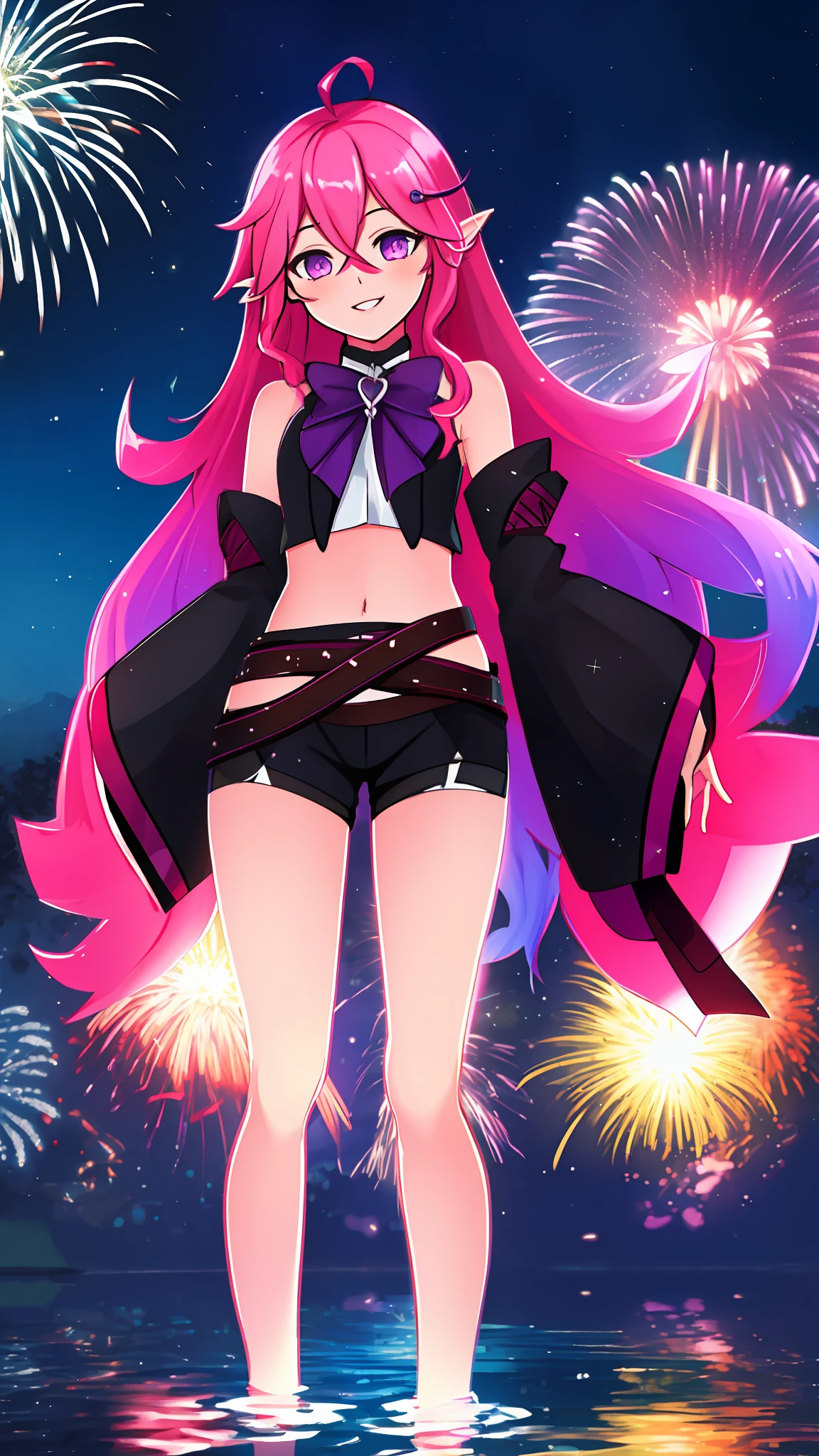 Masterpiece, highres, best quality, Keera, 1girl, pink hair, hair spread out, hair between eyes, very long hair, bowtie, parted lips, pointy ear, purple eyes, sleeves past wrists, black sleeves, black shorts, belt, detached sleeves, ahoge, heart necklace, navel, smile, looking at viewer, lily \(flower\),(fireworks),(aerial fireworks),firework background,(night),shrine,lake, light reflection \(water\), standing, from below