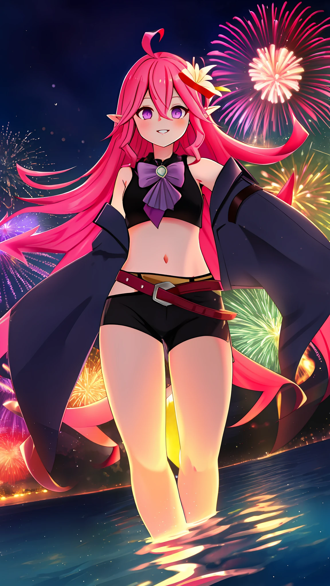 Masterpiece, highres, best quality, Keera, 1girl, pink hair, hair spread out, hair between eyes, very long hair, bowtie, parted lips, pointy ear, purple eyes, sleeves past wrists, black sleeves, black shorts, belt, detached sleeves, ahoge, heart necklace, navel, smile, looking at viewer, lily \(flower\),(fireworks),(aerial fireworks),firework background,(night),shrine,lake, light reflection \(water\), standing, from below
