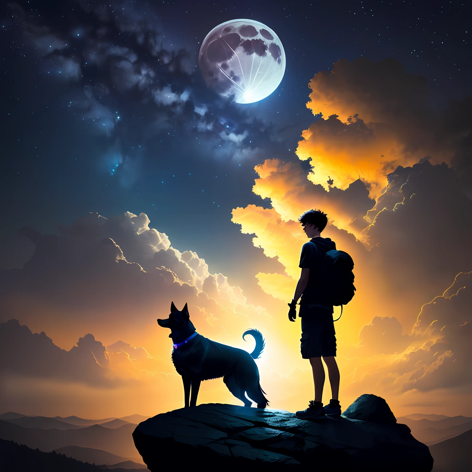 teenage boy and his dog,  standing on an ancient rock, perfect body, dark cinematic, beautiful face ,night, dark night, blue moon,  ultra high quality, fireflies, magical, mysterious, full blue moon, photo realistic, silhouette, ultra hd, fireflies in the background, no lights