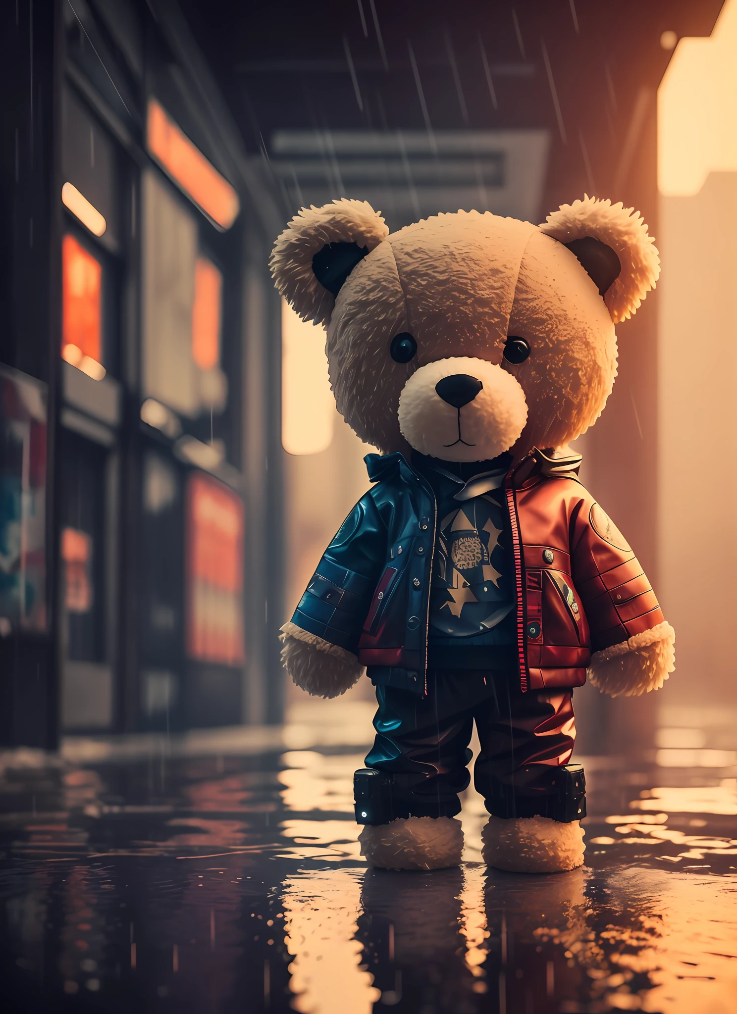 plush plush, Wet, (Cyberpunk:1.1), chuva, colar de bitcoin, epic realistic, Rutkowski, HDR, detalhes intrincados, hiperdetalhado, cinemactic, luz de aro, cores silenciadas, bitcoin