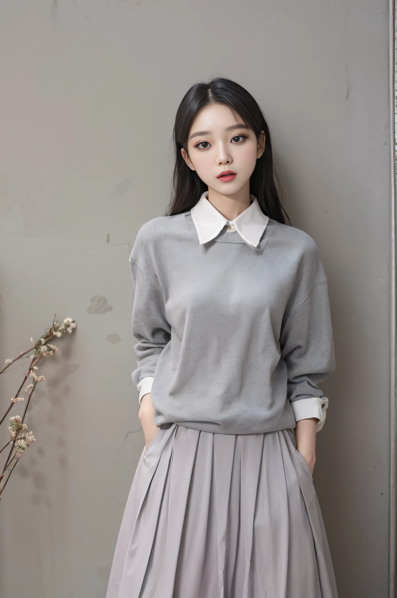 Top image quality、Raw photography、超A high resolution、18 year old cute Korean、Shooting for one person only、big round chest、Camisole、skirt by the、Shiny hair、Beautiful Eyes of Details、very elongated eyes、Beautiful eyelashes、Beautiful double eyelids、eyeshadows、耳Nipple Ring、close-up shooting、Model shooting for magazines、Fashion catalog shooting、Wall on grey background