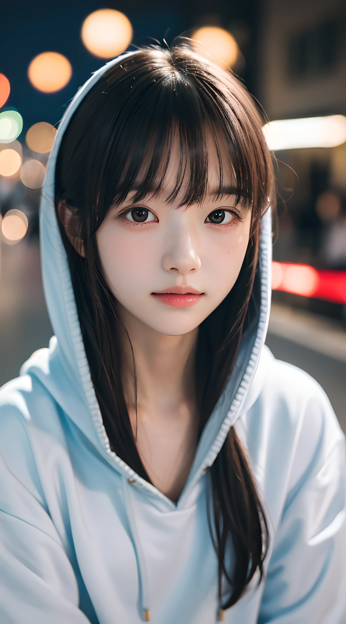 (masterpiece, best quality:1.4), girl, solo, (beautiful face, night:1.2), violaceaess, 8k, ****, absurdres, upper body, hoodie, looking at viewer, no makeup, film grain, chromatic aberration, sharp focus, facelight, sophisticated, (smile:0.5), (neon, street:1.1), simple background, bokeh background, [:detail face:10]