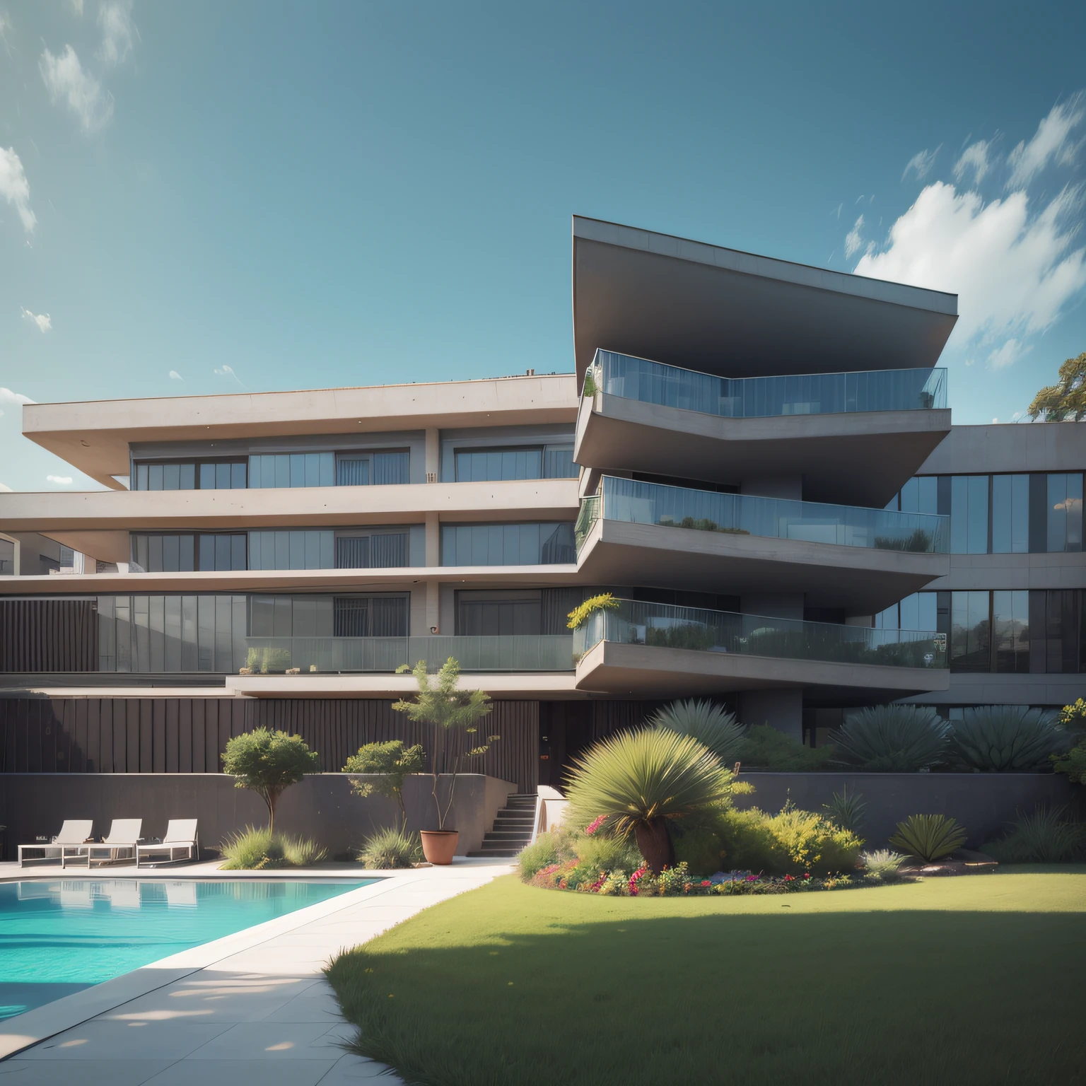 Grande hotel, Arquitetura futurista, building in the background, Architecture of a dark gray concrete building, madeira e vidro, Building with large lawn on the beach, Arquitetura moderna, grande piscina em frente ao hotel, restaurante interior com grandes fachadas em vidro, grandes candeeiros no interior, lots of vegetation around, hotel com 120 quartos, Arquitetura moderna, organic architecture, Geometria luxuosa, hiper-realista, Fantastic 8K architecture, UHD — AR 16: