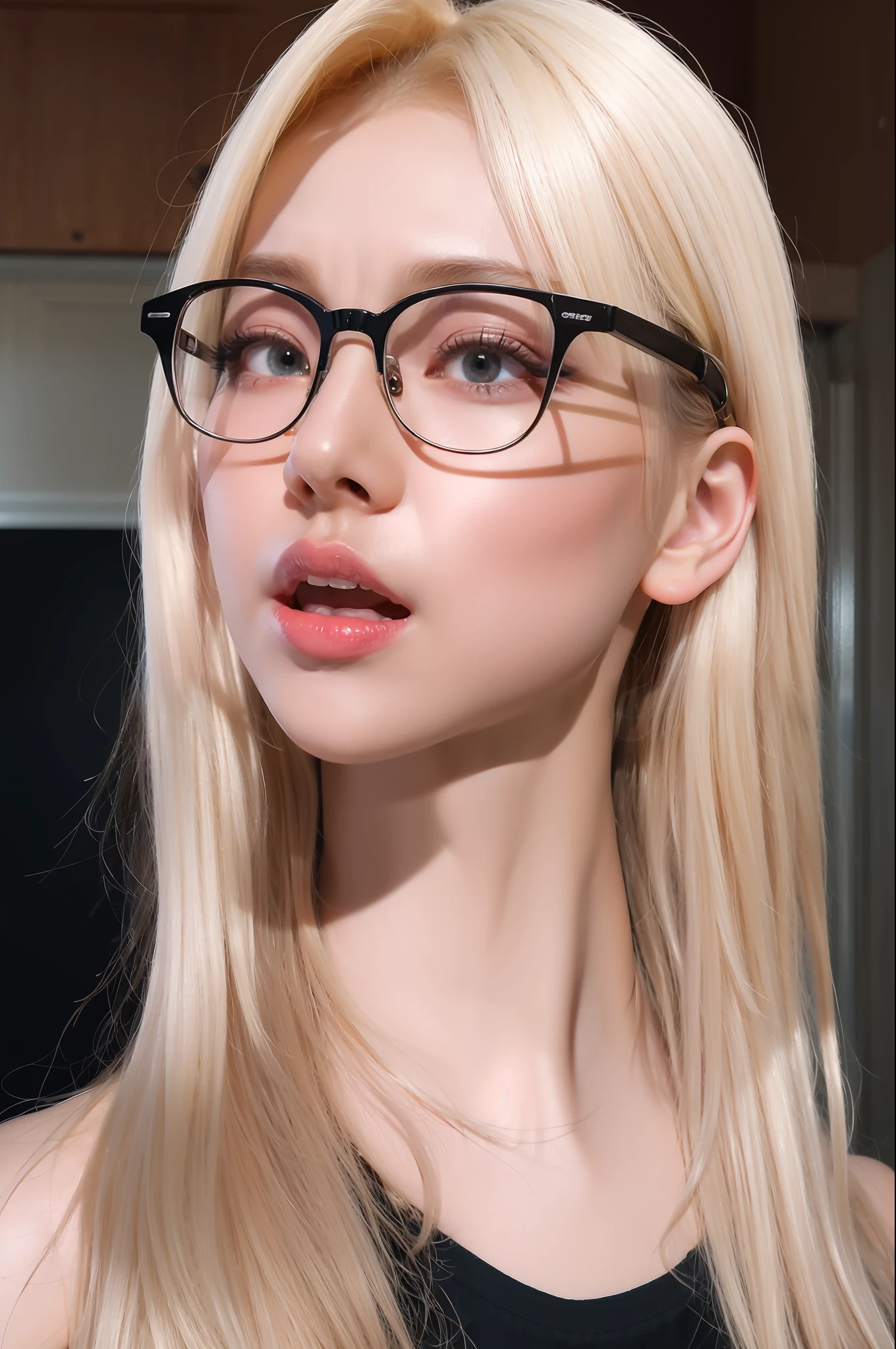 (8k, 4k, best quality, highres, ultra high res:1.1), (masterpiece, realistic, photo-realistic:1.1), 1girl, face, close-up, twintails, blonde hair, black eyes, red lips, (Looking in the audience:2),Absurd long hair,long eyelasher,eye shadows,petty face,largeeyes,exposed bare shoulders,hight contrast,Wear rimless glasses