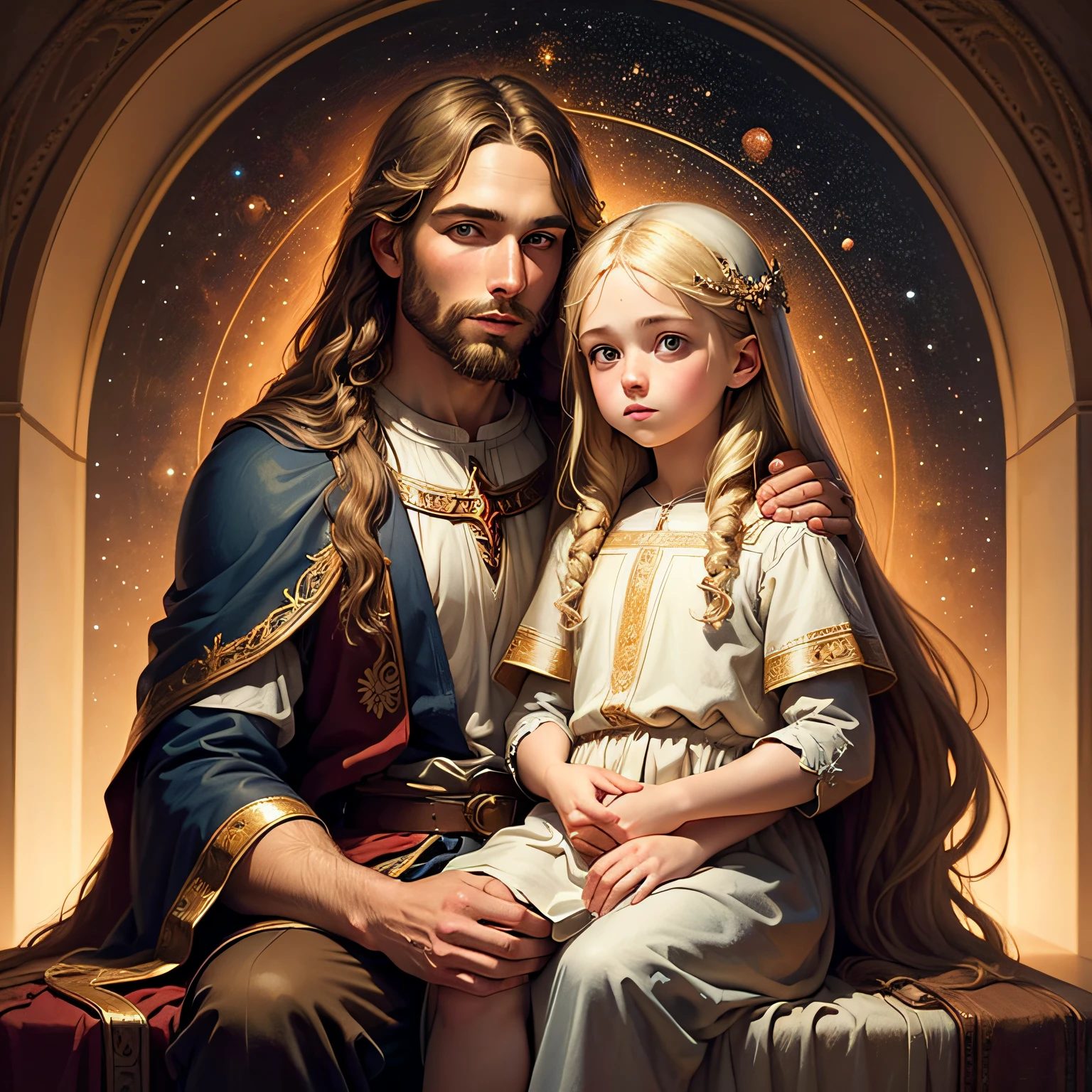 Jesus Christ with young blond girl on his lap, christian art, high quality, highly detailed,(celestial bodies), painting, in the style of Greg Olsen --auto