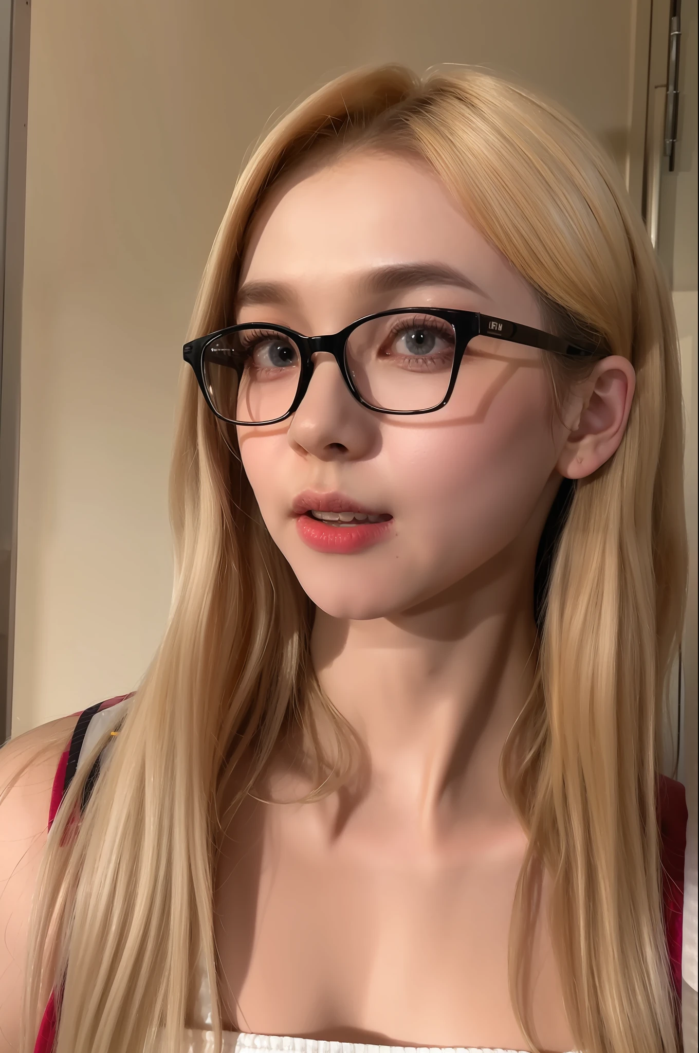 (8k, 4k, best quality, highres, ultra high res:1.1), (masterpiece, realistic, photo-realistic:1.1), 1girl, face, close-up, twintails, blonde hair, black eyes, red lips, (Looking in the audience：2），Absurd long hair，long eyelasher，eye shadows，petty face，largeeyes，exposed bare shoulders，hight contrast，Wear rimless glasses