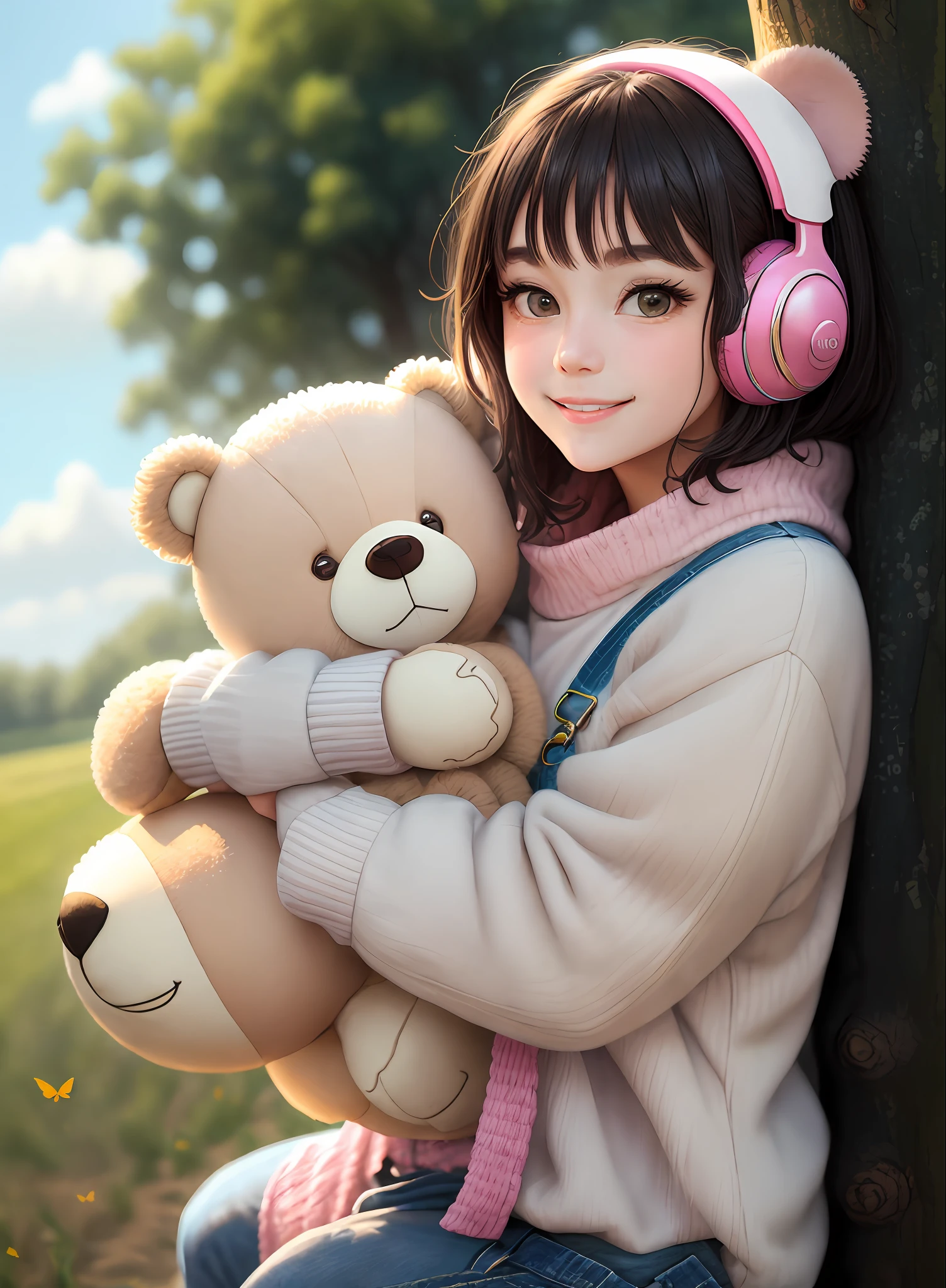 (Masterpiece:1.5, Best quality:1.5), Realistic, (Ultra photo realsisim:1.5), (photograph realistic:1.5), (Real picture, Intricate details), view the viewer, (8K wallpaper:1.5) (From knee to head:1.15), (Detailed face:1.5), (Detailed eyes:1.5), (clear photo),Highly detailed, Ultra-detailed, 超高分辨率, (strong depth of field:1.5)
Style - cute and playful
Positioning - Open field
Background - blue sky and white clouds
Theme -  with pink knitwear and animal earmuffs, Holding a teddy bear
View—Front view
Appearance - short hair, Bright eyes, Ruddy cheeks
Clothing - pink knitted sweater, jeans overalls, White sneakers, Animal earmuffs
Posture - Stand with a big smile, Hug the teddy bear
Details - wildflowers and tall grass in the background, Butterflies and birds flying around
Effect - warm sunlight shines on the girl, Cast a soft glow
Description - A cute and innocent girl enjoying her time in an empty field, Surrounded by the beauty of nature. She wears a pink knitted sweater, jeans overalls, Wear animal earmuffs when hugging teddy bears. The warm sun shines on her，wildflowers gently swaying in the breeze. Butterflies and birds flew around her, adding to the playful atmosphere.