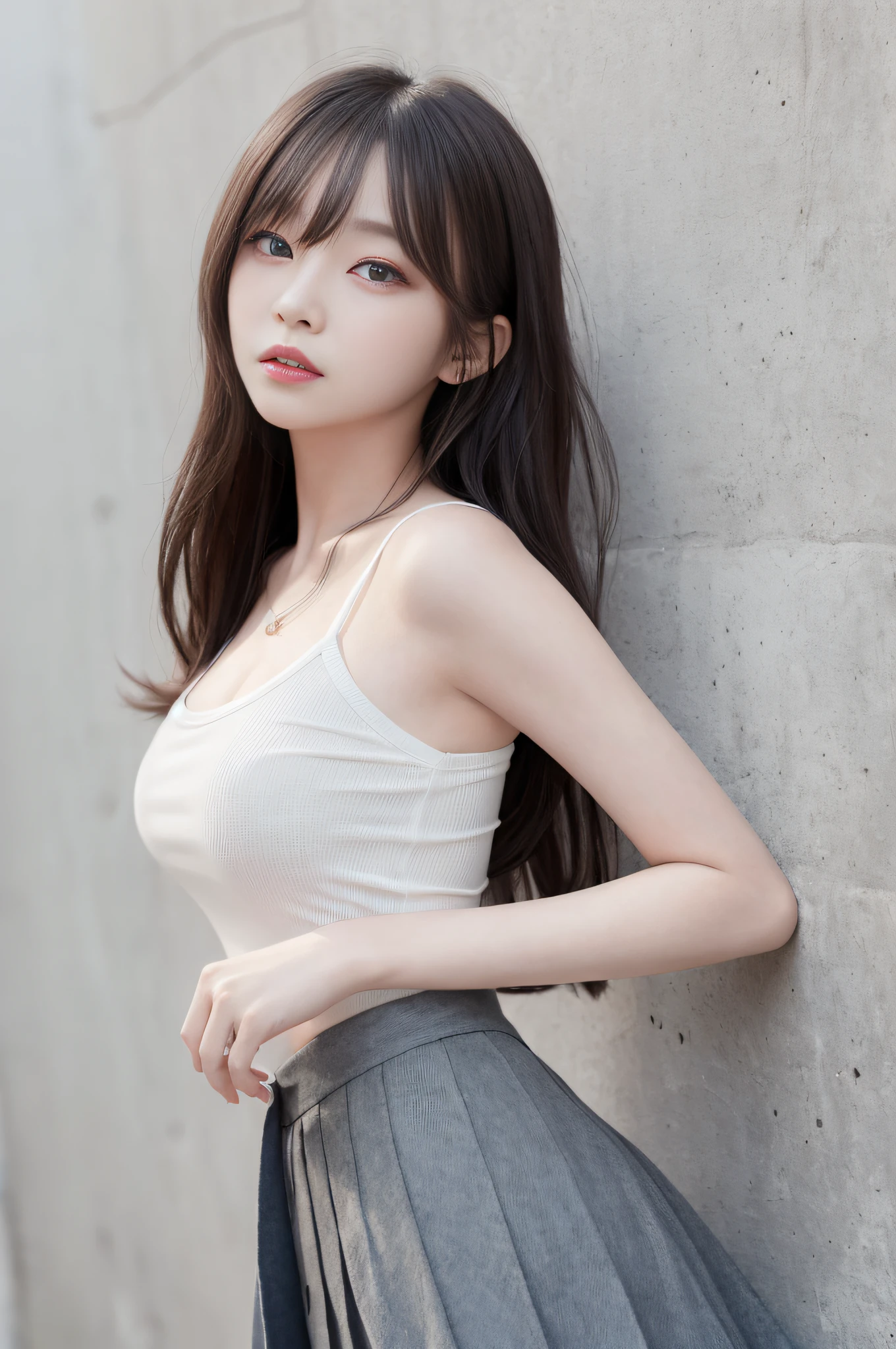 Top image quality、Raw photography、超A high resolution、18 year old cute Korean、Shooting for one person only、big round chest、Camisole、skirt by the、Shiny hair、Beautiful Eyes of Details、very elongated eyes、Beautiful eyelashes、Beautiful double eyelids、eyeshadows、耳Nipple Ring、close-up shooting、Model shooting for magazines、Fashion catalog shooting、Wall on grey background